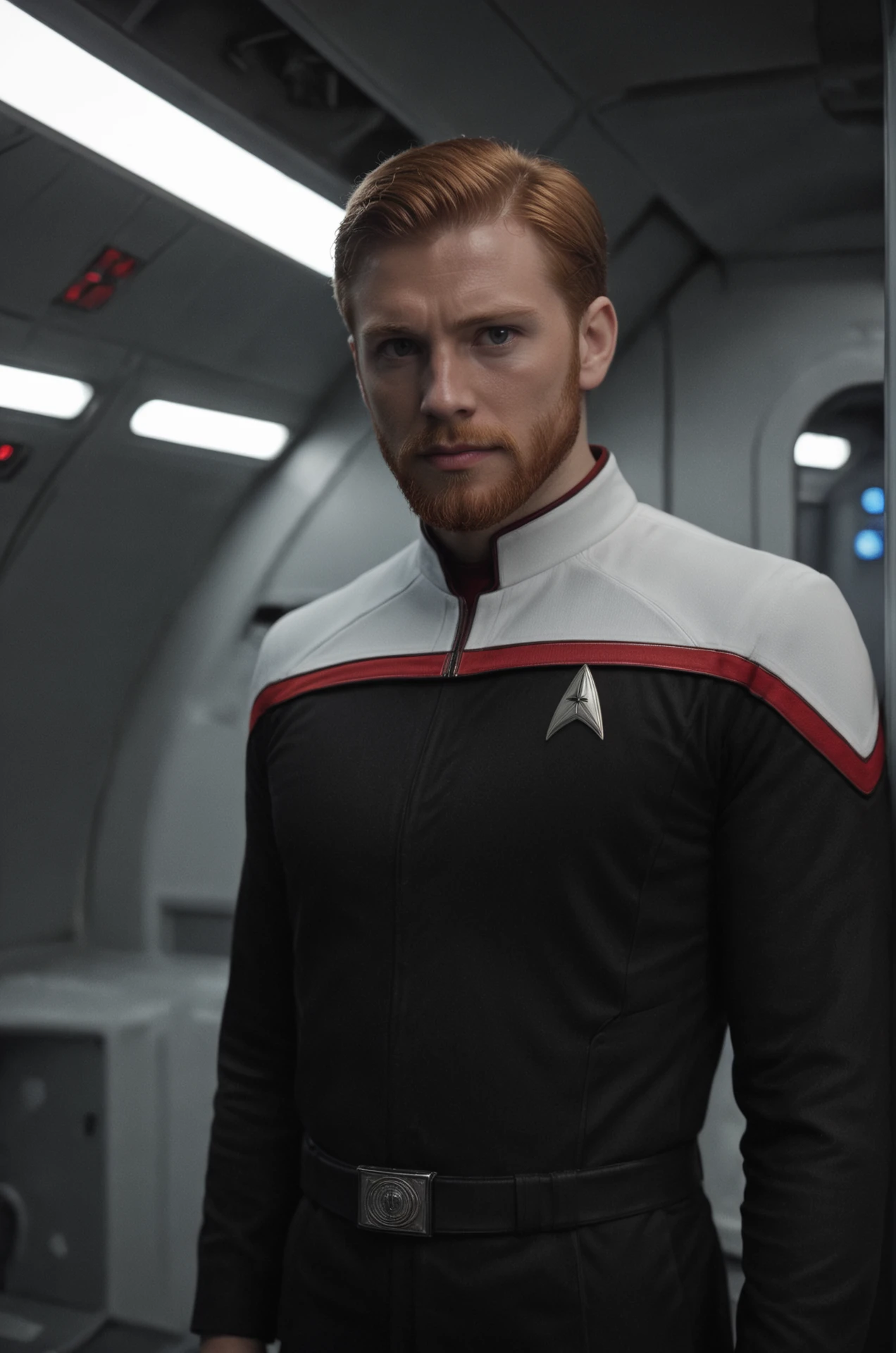 ginger young man with a big beard in stoddunf uniform with white shoulders,red middle collar,on a spaceship bridge <lora:OdysXL:0.8>