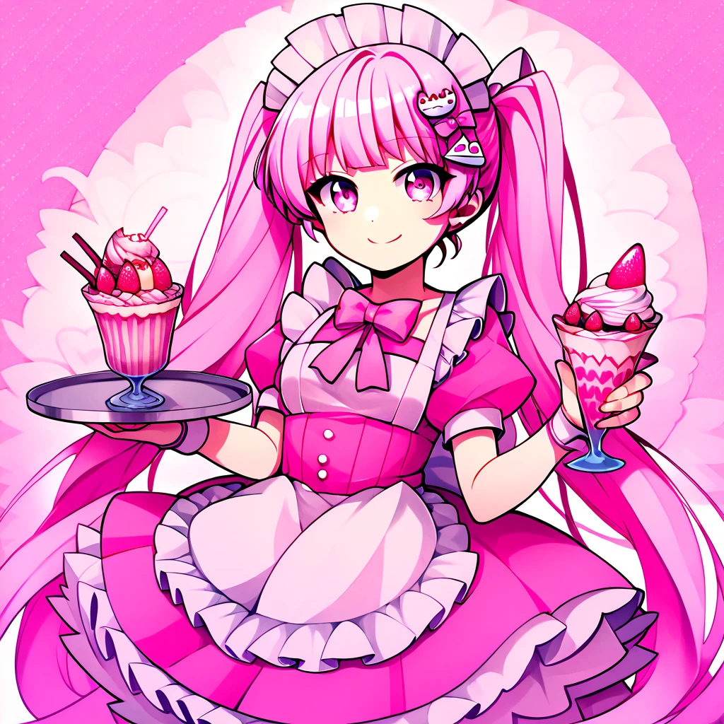 score_9, score_8_up, score_7_up, score_6_up, score_5_up, score_4_up, 
CuteStyle,1girl, solo, pink theme, food, parfait, pink hair, strawberry, fruit, twintails, maid headdress, pink eyes, long hair, hair ornament, holding, dress, frills, heart, smile, tray, apron, pink dress, short sleeves, bow, holding tray, looking at viewer, bangs, pink bow, cake, very long hair, puffy short sleeves
,<lora:Cute_Style_pony:0.8>