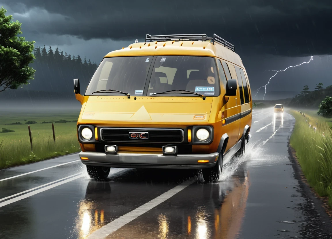 obc11 Van <lora:11_vehicle_obc11:1.0> on a road,
outside, dramatic,
nature at background, professional, realistic, high quality,
Torrential rain and thunder, <lora:general_vehicle:-0.05>