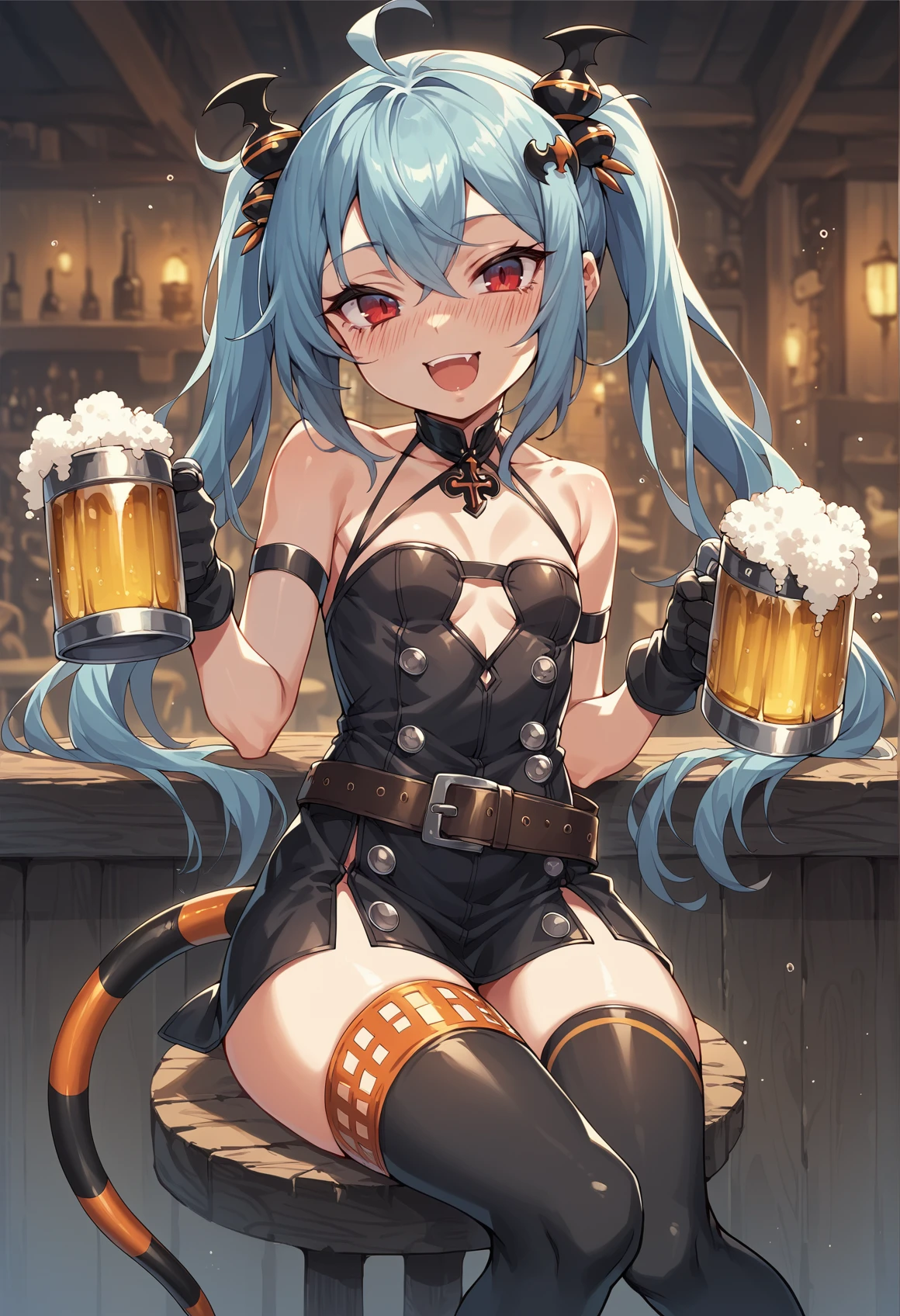 1girl, solo, small breasts, long hair, blue hair, red eyes, twintails, hair ornament, short dress, belt, tail, gloves, thighhighs, thigh strap, boots, sitting, tavern, holding beer mug, drunk, pointing at viewer, smile open mouth, looking at viewer <lora:Alice_QG:1>, score_9, score_8_up, score_7_up, score_6_up, score_5_up, score_4_up, (m-da s-tarou:0), masterpiece