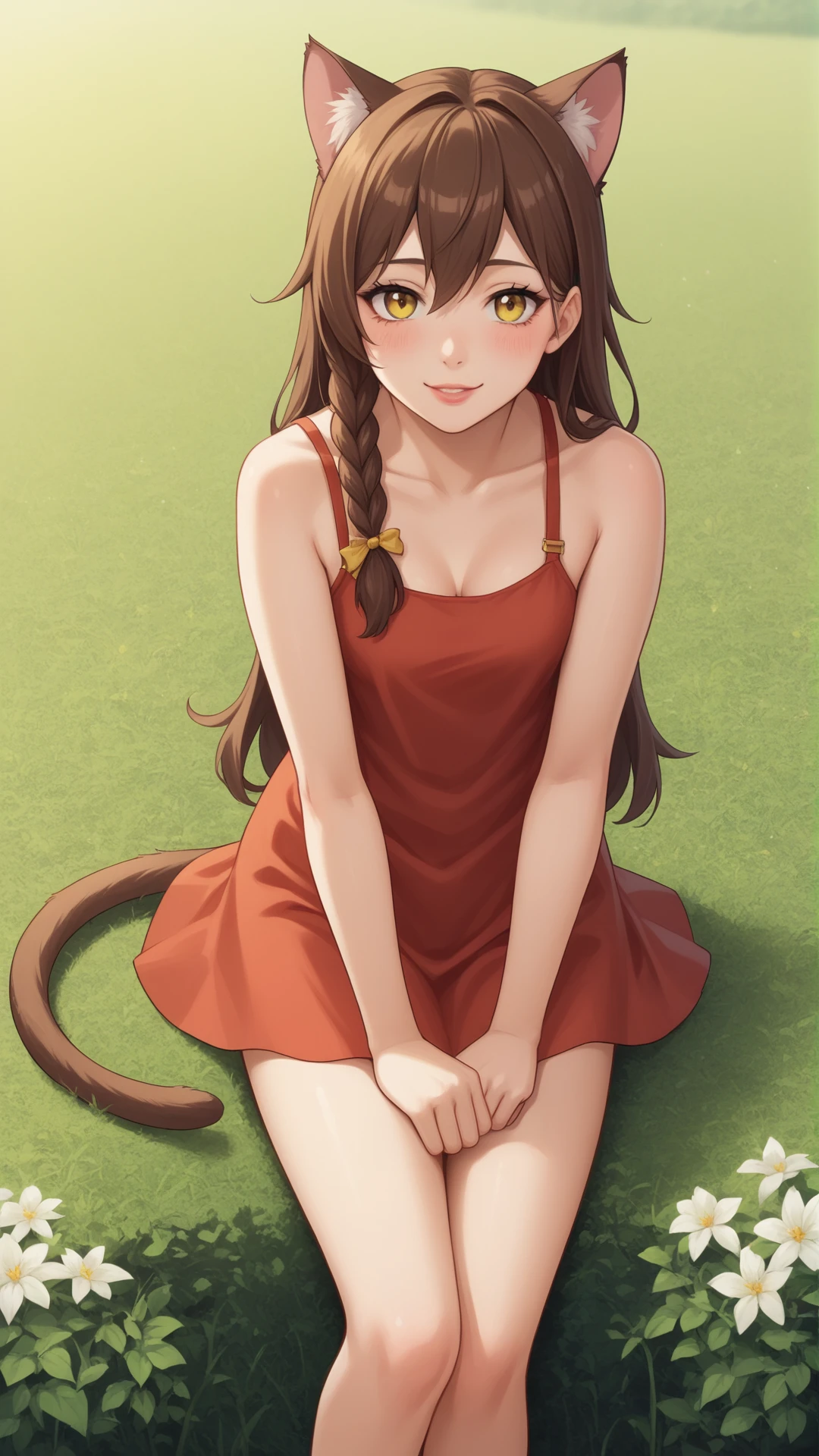 score_9, score_8_up, score_7_up, BREAK source_anime, best quality, masterpiece, ultra detailed,
<lora:Everlasting_Summer_Yulya_by_GraffMetal:0.7>, yulya, brown hair, yellow eyes, long hair, braid, side braid, single braid, animal ears, cat ears, tail, cat tail, cat girl, 1girl, solo
light smile, blush, 
black eyeliner cat eye, pink lips, 
red dress, cute, 
amazing background, looking at the viewer, flowers field, nature background