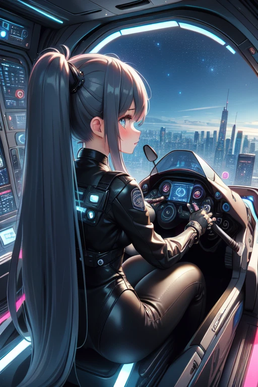 (((masterpiece))), (((best quality))), ((from behind)), ((hatchway motorcycle)), looking back, sitting, mecha girl, glowing eyes, bodysuit, ass, boots, scrunchie, floating hair, overlook, fog, city, cloud, skyline, scenery, cockpit, hologram, mechanical walls, spacecraft interior, cyberpunk architecture, future science fiction, ((night)), (((starry sky))), (((neon lights))), solo, 1girl, brown, absurdly long hair, sweat, cleavage, big tits, shy, blush, slim figure, <lora:50pics_hatchwaymotorcycle:0.9>