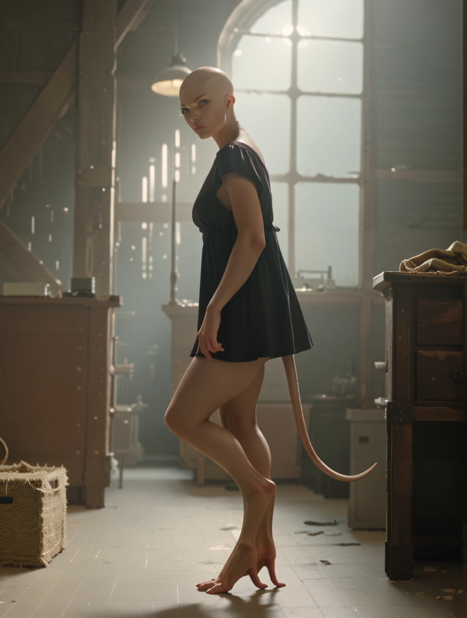 <lora:Dren_Splice:1> dren, beautiful woman, indoors, blue eyes, bald, short dress, tail, side view, thighs, looking at the viewer, full body, monstergirl, hyperdetailed, score_9, score_8_up, score_7_up, score_6_up, score_5_up, score_4_up
