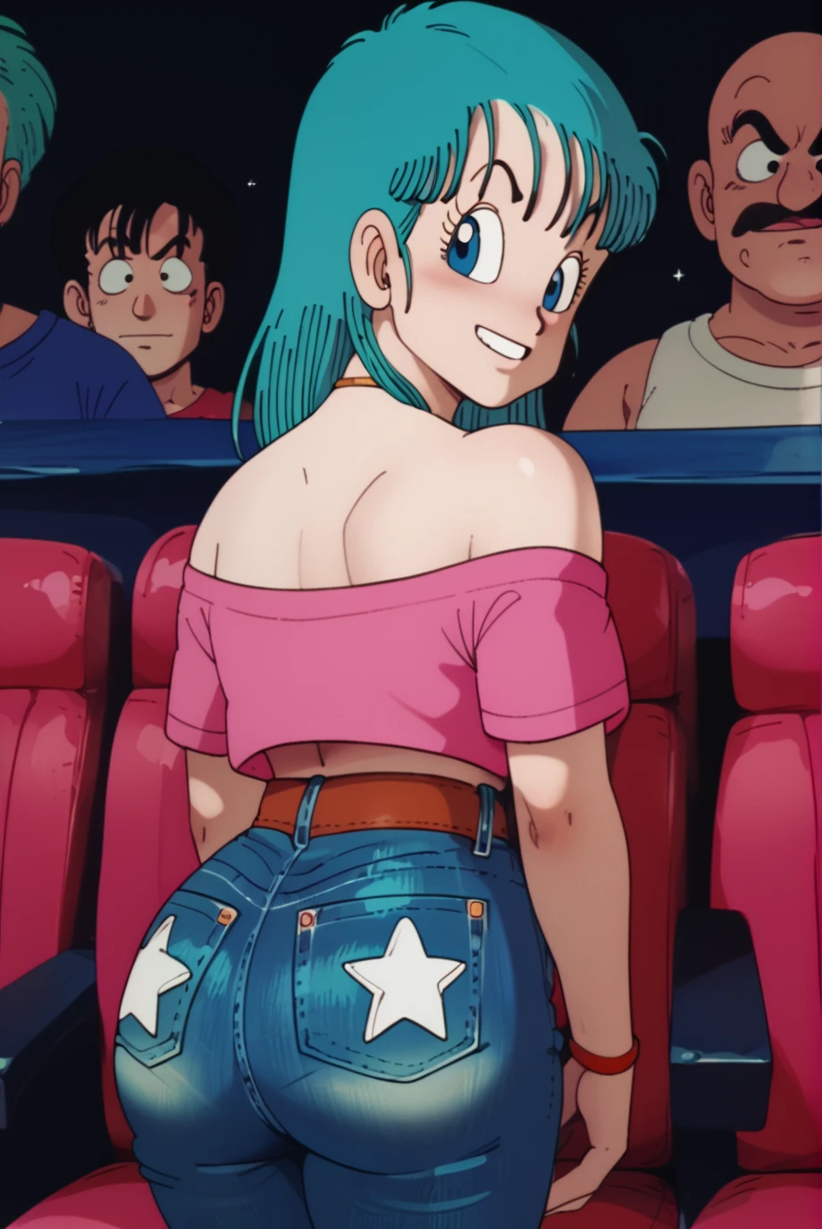 1girl, bulmdbzs1,1girl, blue hair, blue eyes <lora:pony_char_xl.bulmdbzs1XL_Pony_v1:1>, from behind, standing, cowboy shot, ass, Off-the-Shoulder Crop Top, missme jeans, star, looking back, smile, movie theater
<lora:missmepony-10:1>, score_9, score_8_up, score_7_up, score_6_up,