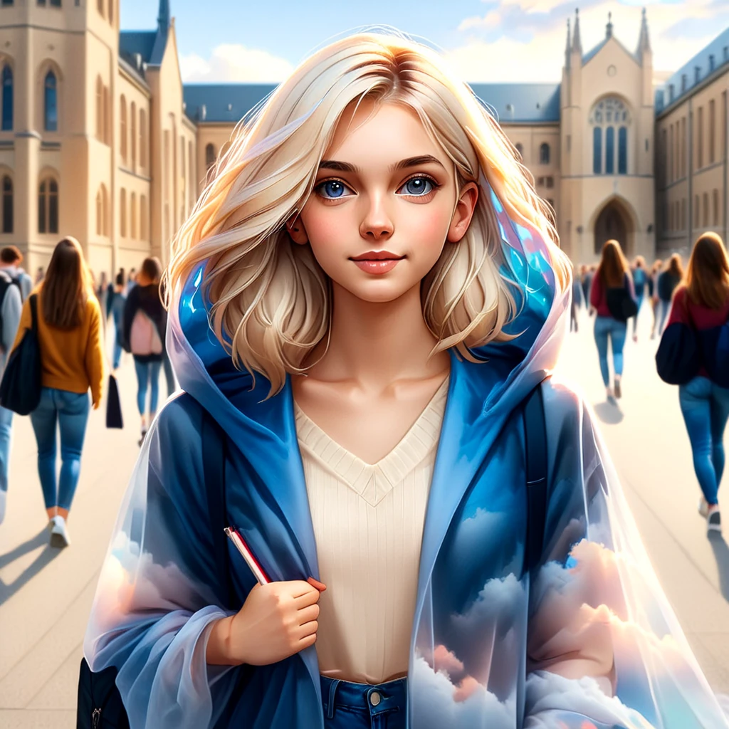 skycloak, a portrait of a blonde girl going to college, university background, walking to class