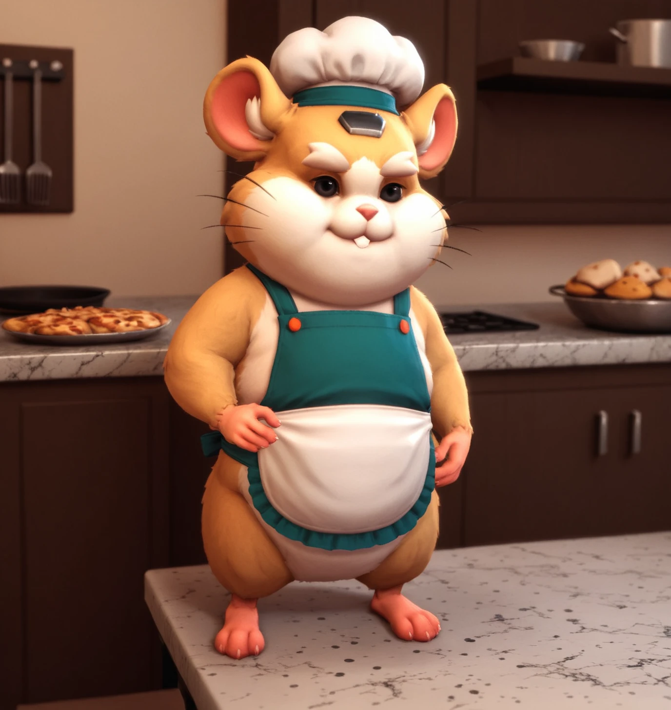 score_9, score_8_up, score_7_up, score_6_up, Detailed Background, BREAK
<lora:Hammond_Overwatch_for_XL:0.7>, owhammond, 1boy, male focus, furry, hamster, whiskers, black eyes, BREAK
kitchen, apron, chef hat, standing on counter, miniguy,