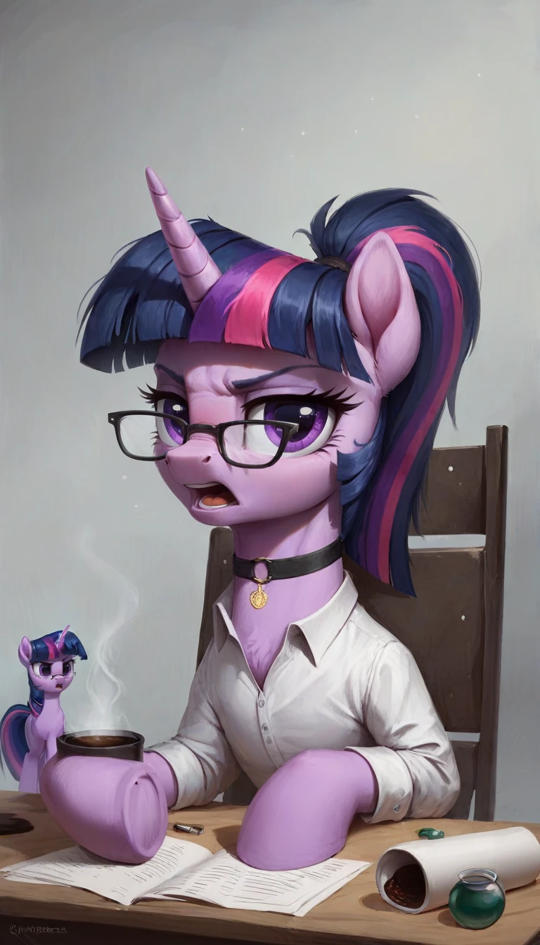 zPDXL, score_9, score_8_up, score_7_up, score_6_up, score_5_up, score_4_up, <lora:Pumpkinpie:1>,2024,absurd res,annoyed,beverage,chair,choker,clothed,clothing,coffee,coffee cup,container,cup,dialogue,digital media \(artwork\),equid,equine,eyewear,female,friendship is magic,frozenartifice,furniture,glasses,hair,hasbro,hi res,highlights \(coloring\),holding object,horn,horse,jewelry,looking at viewer,mammal,multicolored hair,my little pony,mythological creature,mythological equine,mythology,nails,necklace,open mouth,pony,ponytail,potion,purple body,purple eyes,purple hair,simple background,solo,solo focus,speaker,subscribestar url,teacher,teacher clothing,topwear,twilight sparkle \(mlp\),unicorn,url