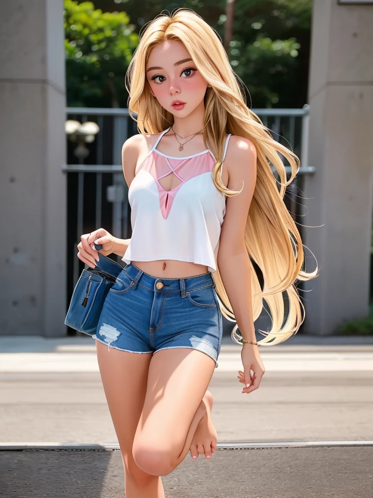 Realistic photo of a beautiful h4nn4hk woman, 1girl, solo, long hair, blonde hair, jewelry, barefoot, short shorts, denim shorts, realistic, photo background, professional Photography, Photorealistic, detailed, RAW, analog, sharp focus, high quality, film grain<lora:h4nn4hk:1.0>