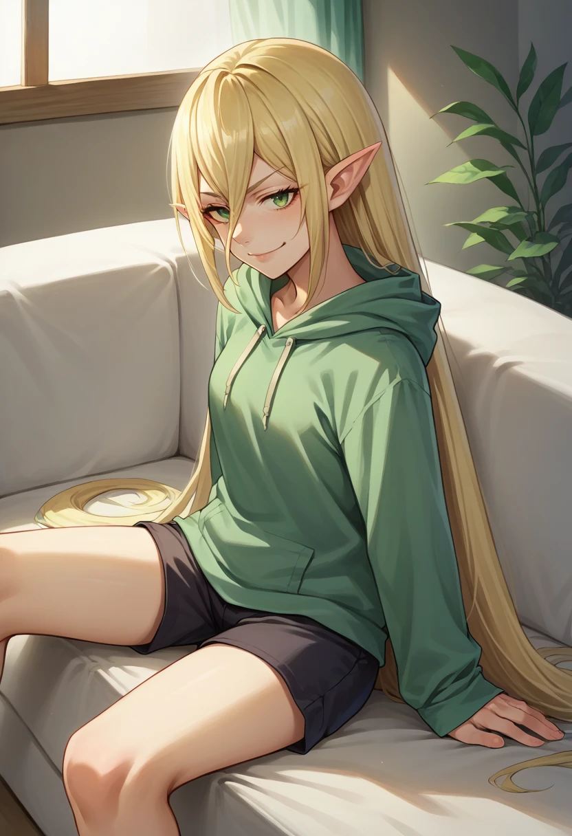 score_9, score_8_up, source_anime, 1girl, solo, Magilou, blonde hair, pointy ears, very long hair, hair between eyes, green hoodie, shorts, indoors, on sofa, sitting, smirk, <lora:ChamMagilouPonyXL:1>