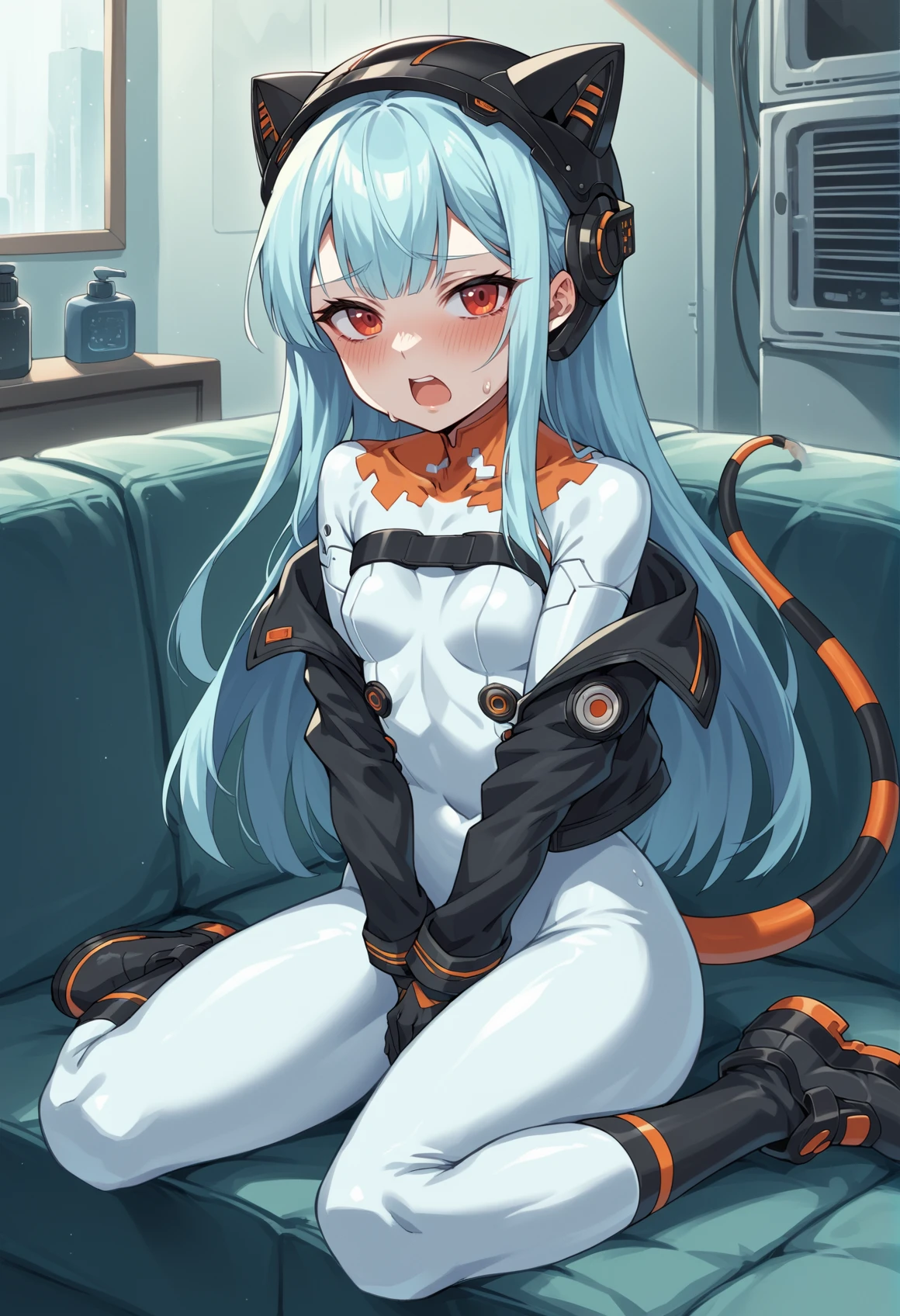 1girl, small breasts, long hair, blue hair, red eyes, alternate outfit, full bodysuit, white bodysuit, black cropped jacket, gloves, socks, boots, tail, animal helmet, coverted navel, indoors, cyberpunk, apartment, sitting, couch, covering crotch, blushing, aroused, open mouth, sweat, air conditioner  <lora:Alice_QG:1>, score_9, score_8_up, score_7_up, score_6_up, score_5_up, score_4_up, (m-da s-tarou:0), masterpiece