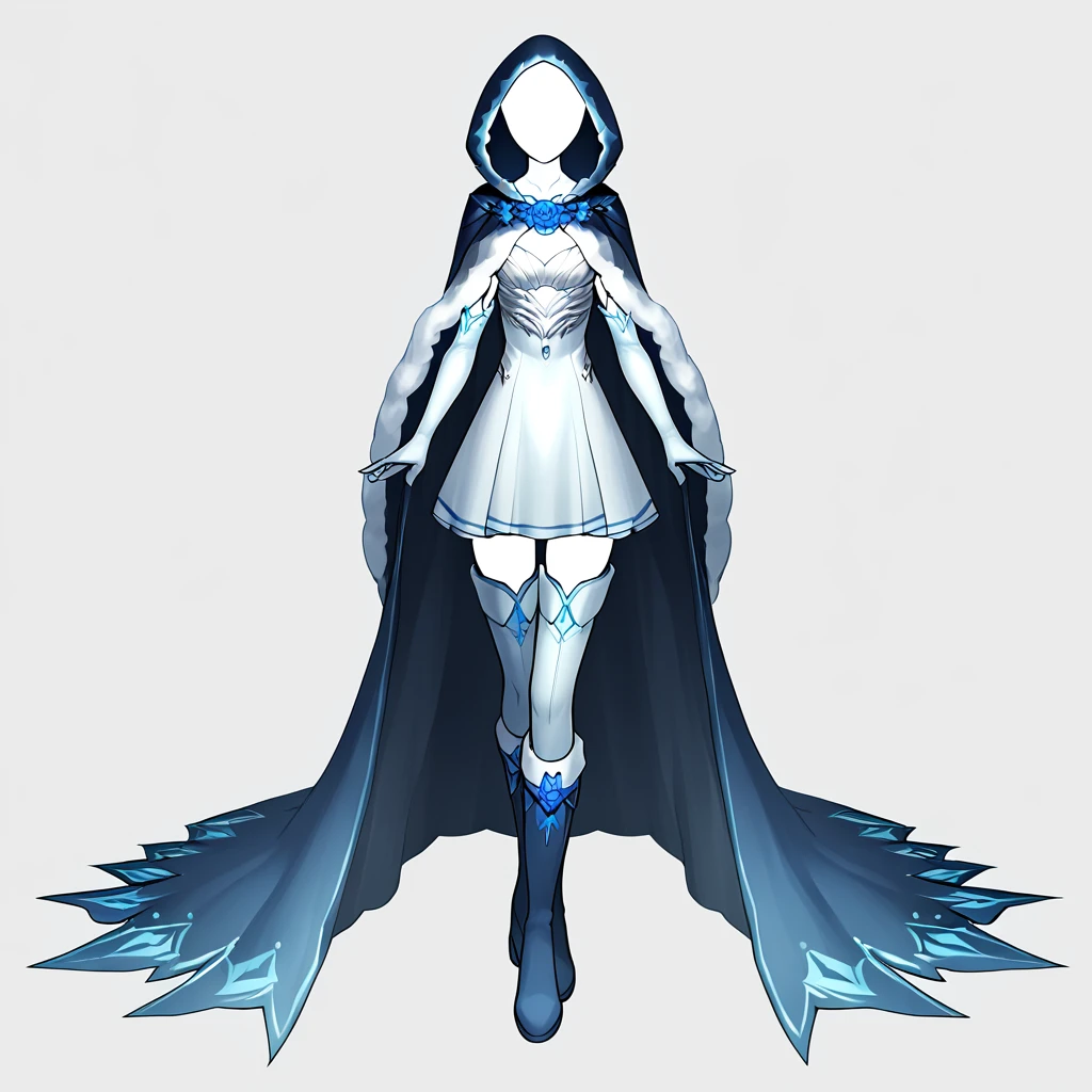 score_9, score_8_up, score_7_up, score_6_up, score_5_up, score_4_up,
CuteStyle,no face,1girl, solo, thighhighs, dress, boots, gloves, cape, hood, flower, full body, fur trim, elbow gloves, arms at sides, hood up, straight-on, white dress, mask, white gloves, white background, cloak, blue flower, blue theme, white thighhighs
,<lora:Cute_Style_pony:0.8>