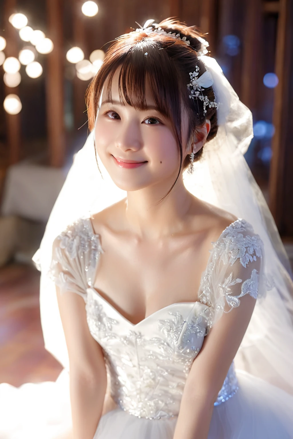 1girl, (masterpiece,RAW photo, best quality:1.4), (realistic, photo-realistic:1.2), an extremely delicate and beautiful, extremely detailed, 2k wallpaper, Amazing, finely detail, extremely detailed CG unity 8k wallpaper, ultra-detailed, highres, soft light, beautiful detailed girl, extremely detailed eyes and face, beautiful detailed nose, beautiful detailed eyes,soft lighting,perfect anatomy, beautiful face,,shiny skin,detailed skin,young Japanese idol,
smile,looking at viewer,(wedding dress:1.6), (bokeh:1.2),
<lora:maedakaori_lora-xl_01:1>