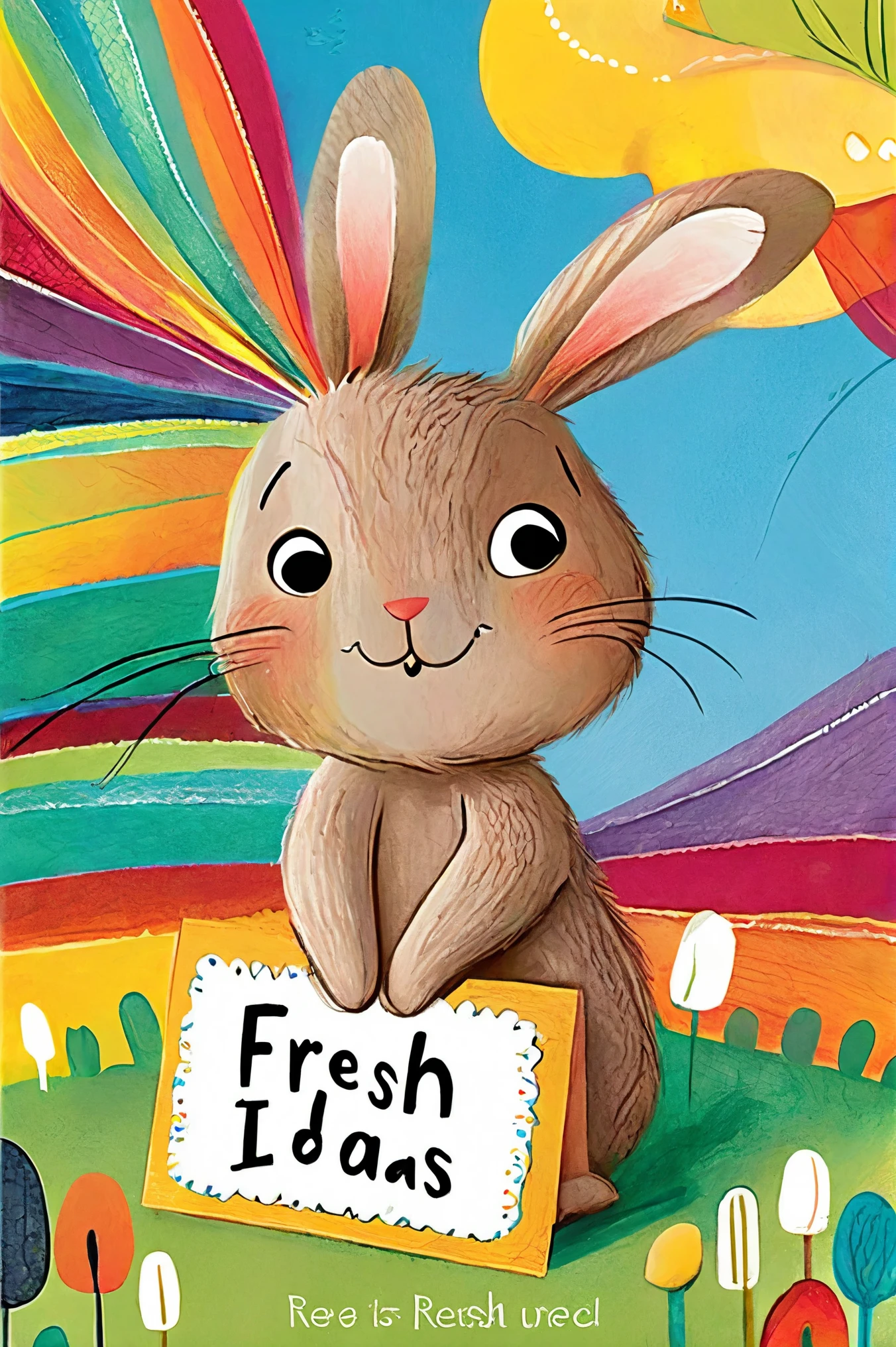 Children's picture books,a cute bunny holding a card written "Fresh Ideas",rendered in a colorful cartoon style,with bright colors and clear lines,colorful,eye pleasing,