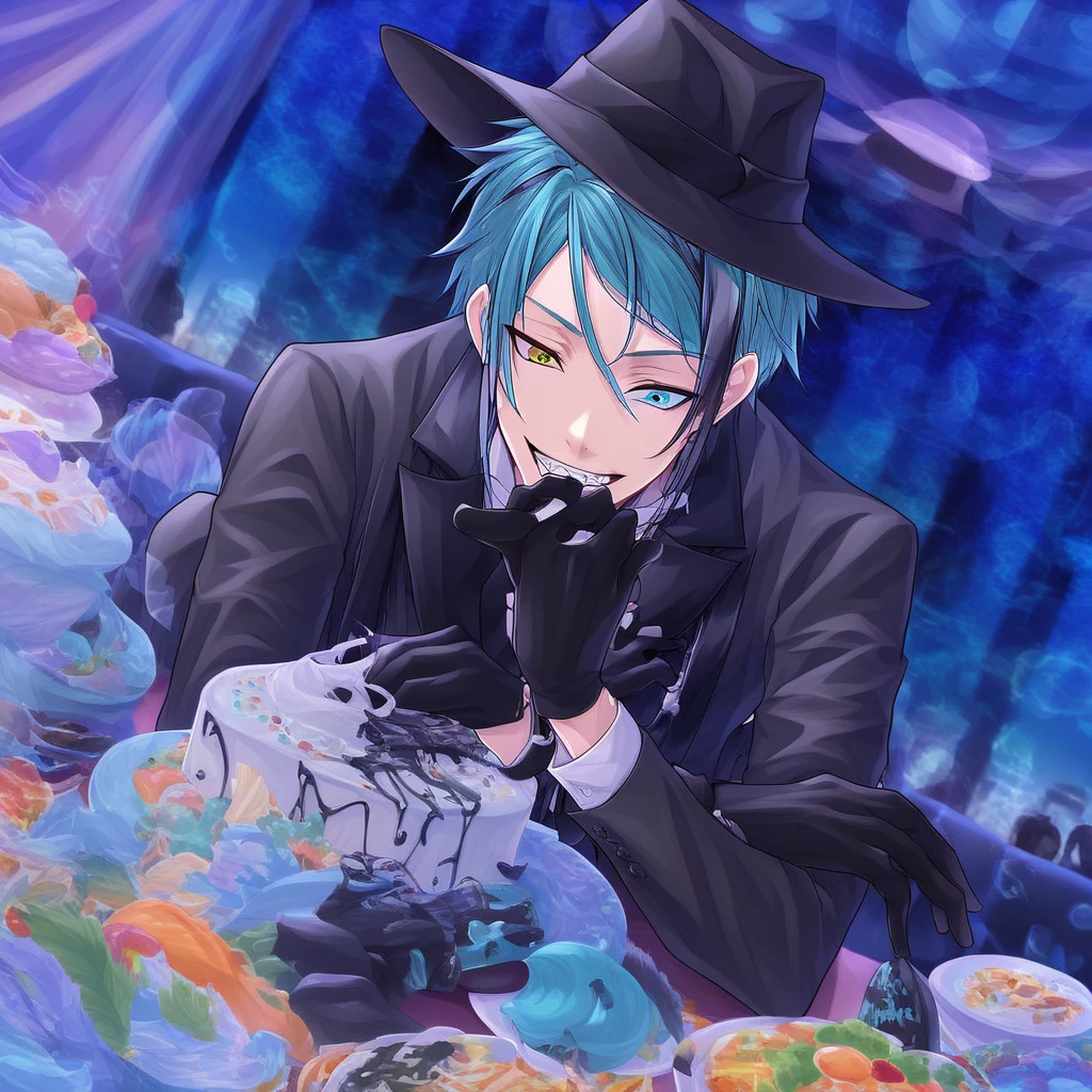 Turquoise hair, teeth, black gloves, solo, jewelry, male focus, hat, heterochromia, multicolored hair, shirt, food, Jade leech