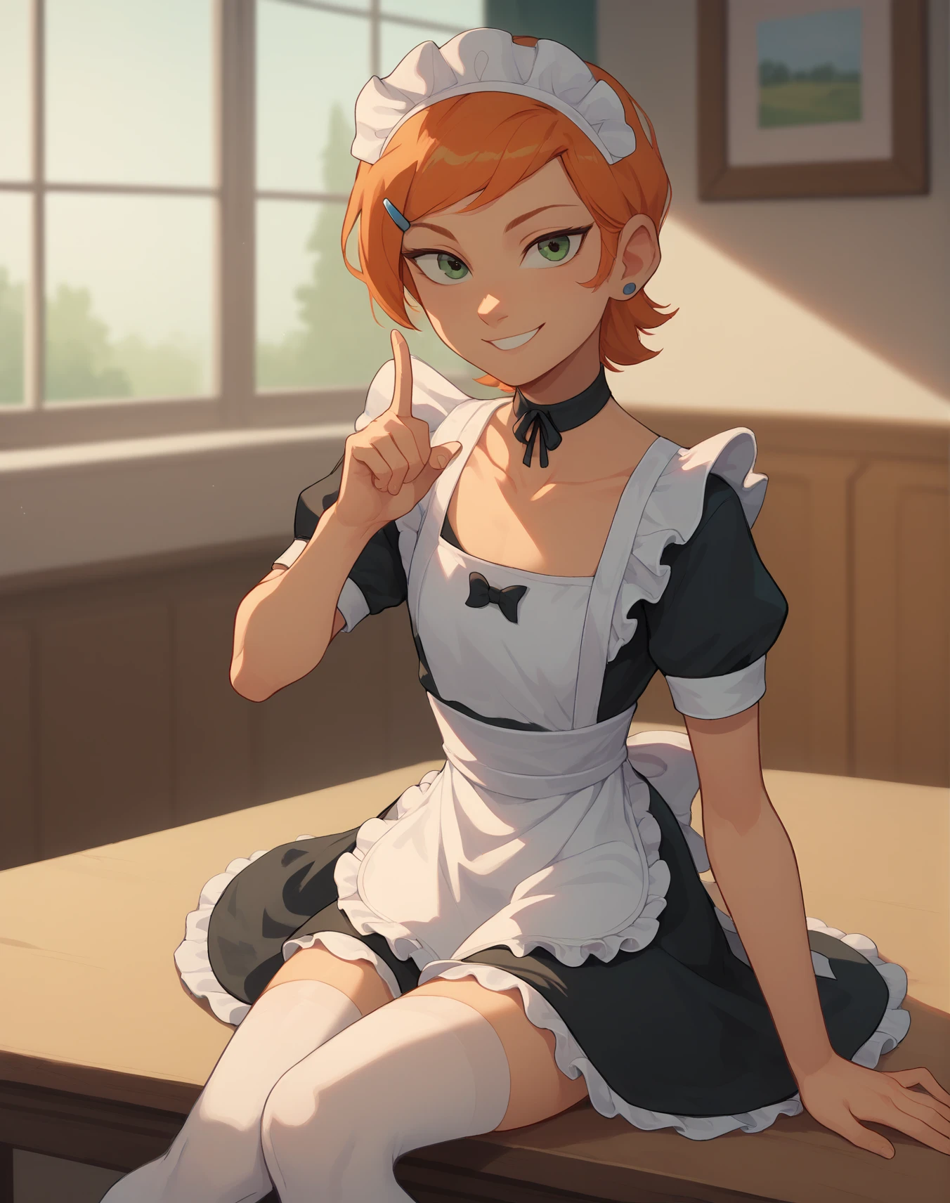 (score_9,score_8_up,score_7_up,), Gwendolyn_Tennyson, calling viewer toward her, (beckoning finger) , 1girl,solo,maid, side smile, collarbone ,maid headdress,looking at viewer,apron,indoors,depth of field, sitting on table, legs, stockings
<lora:GwenTenXL:1>