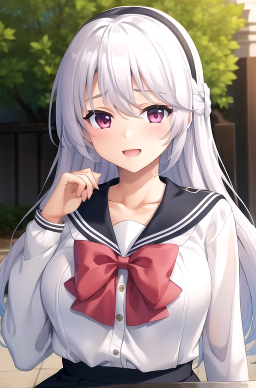 ((masterpiece)),(best quality),official art,extremely delicate and beautiful,extremely detailed CG,unity 8k wallpaper,ultra detailed,beautiful detailed eyes,extremely detailed face,outdoors,1girl,solo,upper body,(portrait:1.5),looking at viewer,facing viewer,smile,Watase Nagisa,long hair,white hair,hair intakes,black hairband,hair ribbon,white ribbon,hair bow,hair between eyes,bangs,pink eyes,collarbone,school uniform,black sailor collar,white shirt,red bowtie,long sleeves,large breasts,miniskirt,black skirt,pleated skirt,black pantyhose,black footwear,<lora:Watase Nagisa(khsk):0.8>,