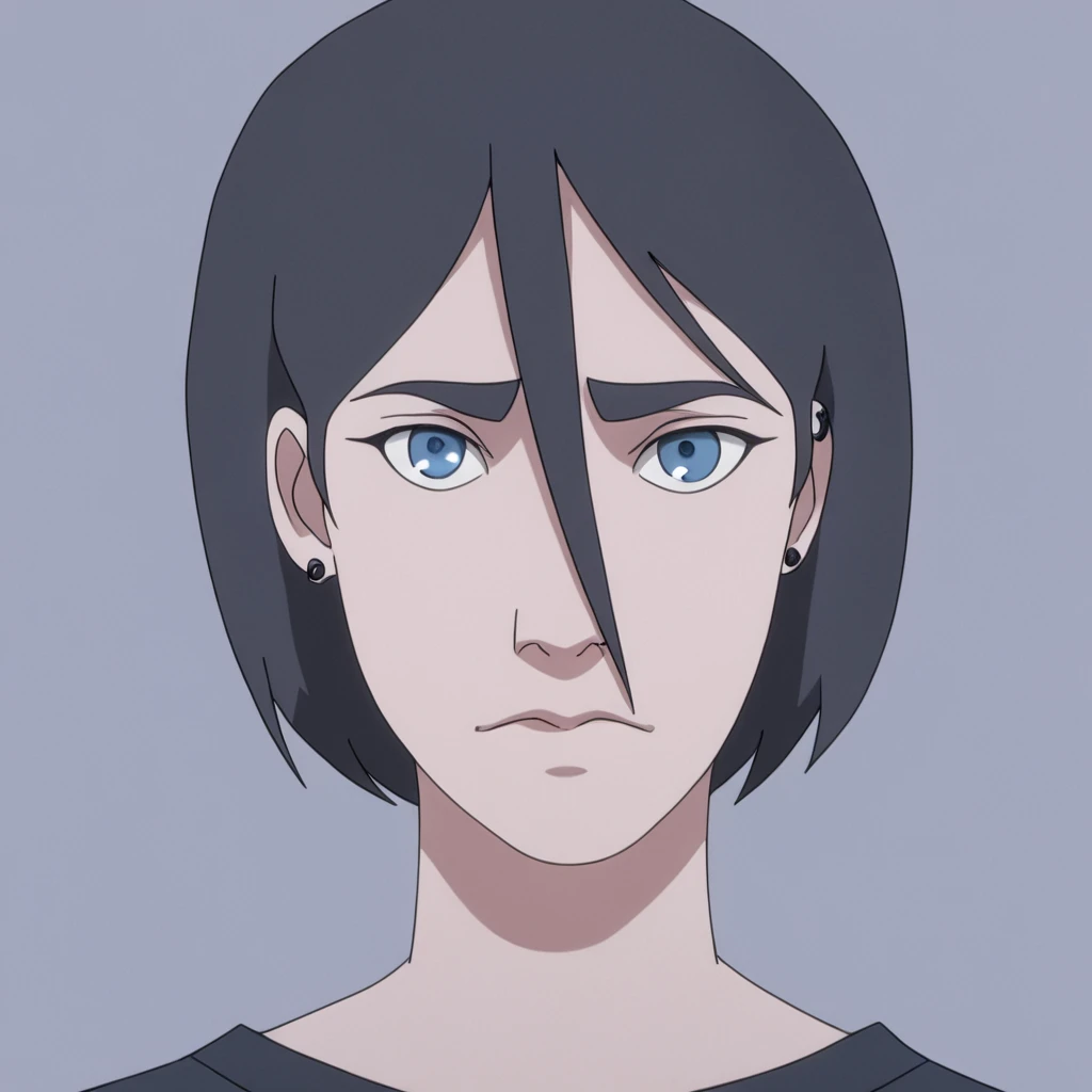 1girl, solo, looking at viewer, short hair, blue eyes, black hair, hair between eyes, closed mouth, piercing, portrait <lora:AMCPantheon:1>