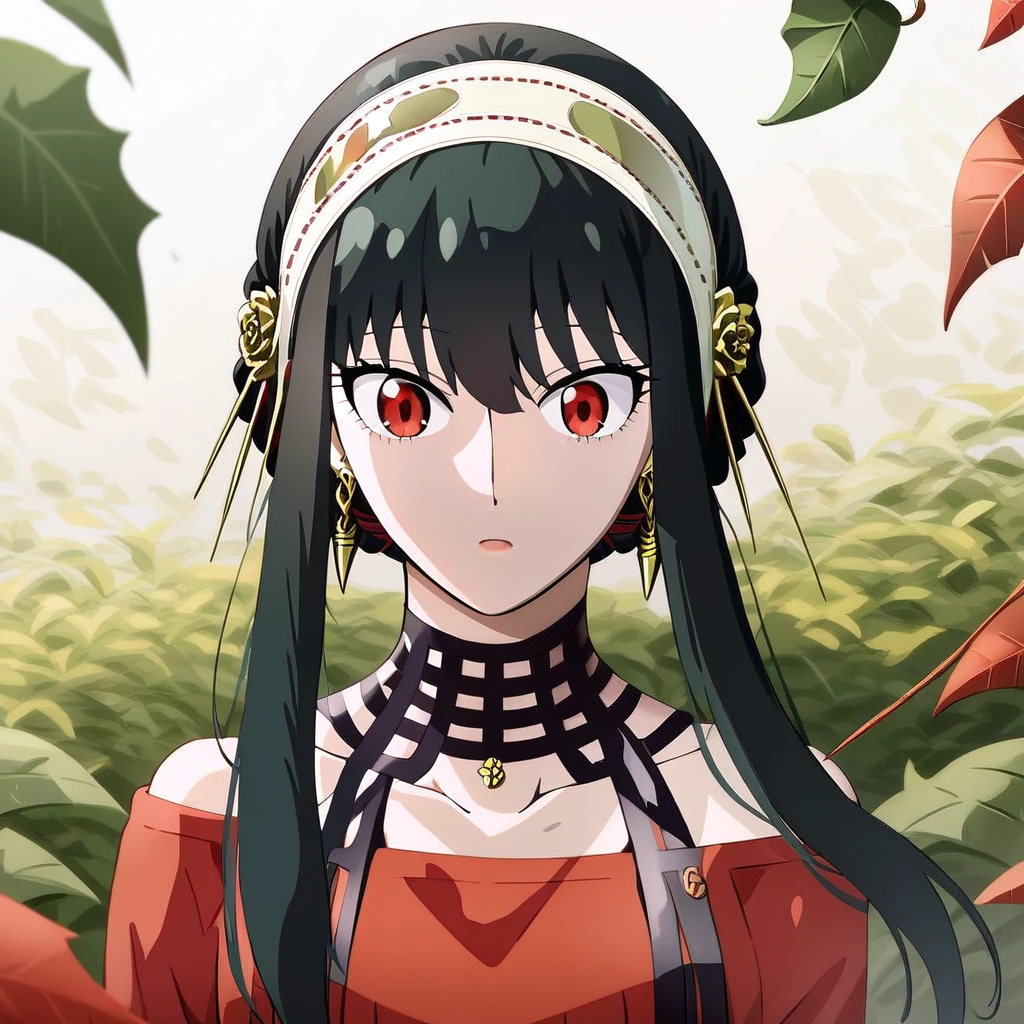 yor briar,  1girl, bangs, black hair, collarbone, earrings, hairband, jewelry, leaf, long hair, long sleeves, off-shoulder shirt, off shoulder, red eyes, red shirt, shirt, solo, upper body, white hairband  , ((masterpiece))