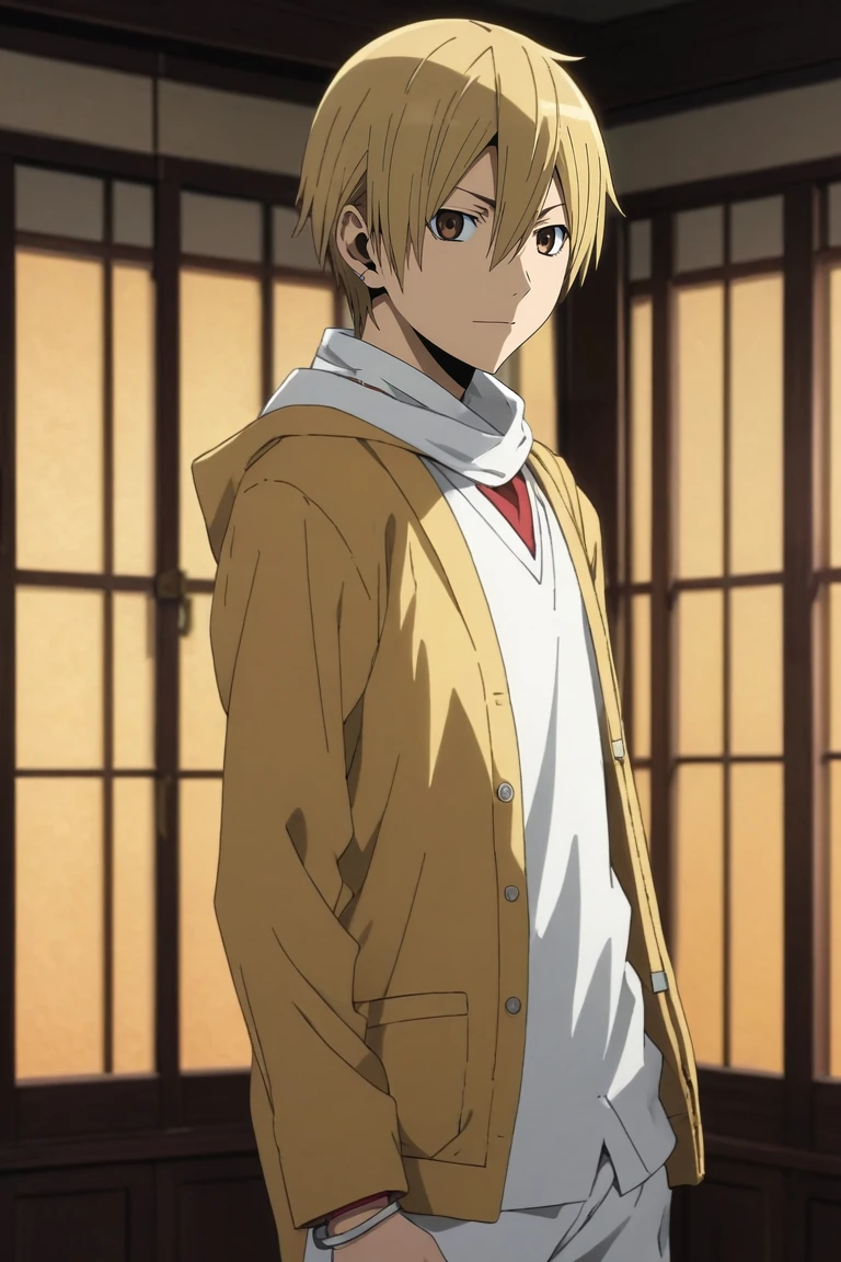 score_9, score_8_up, score_7_up, source_anime, rating_safe, intricate details, semi-realistic, looking at viewer, , 1boy, solo, male focus, <lora:masaomi_kida_pony:0.84>, masaomi_kida, blonde hair, brown eyes, short hair, hair between eyes, from afar, full body, atlantis, indoors, own hands together, light smile, cardigan,, <lora:sdxl_lightning_8step_lora:1>