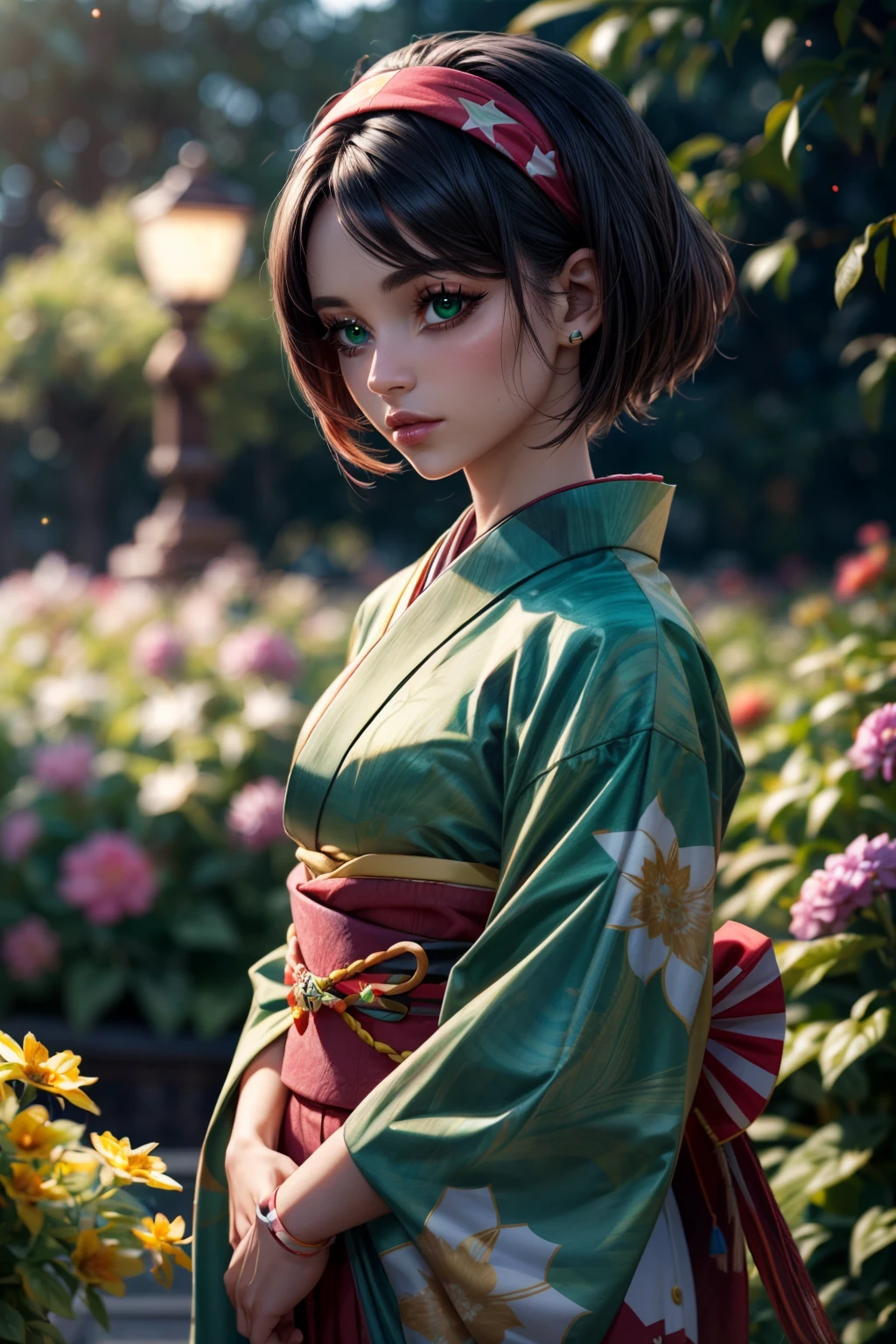 (ultra realistic,32k, masterpiece:1.2),(high detailed skin:1.1),( high quality:1.1),    <lora:Erika_Pokemon_v2:0.6>,    erika (pokemon), green eyes, short black hair, kimono, Japanese clothes,  hakama, red hairband,    blooming stars, flowers, garden, luminescent petals, otherworldly fragrance blurry background, (looking at viewer, standing:1.1),  <lora:add_detail:0.92>, (glowwave:1.1),