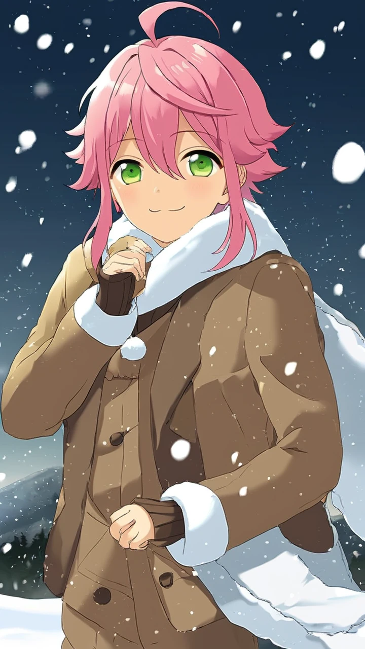 A boy Tori Himemiya has pink short hair with hair between his eyes long sidelocks a curved ahoge and big green eyes is standing outside in a snowy field. He has a smile  <lora:3torihimemiya-08:0.7>