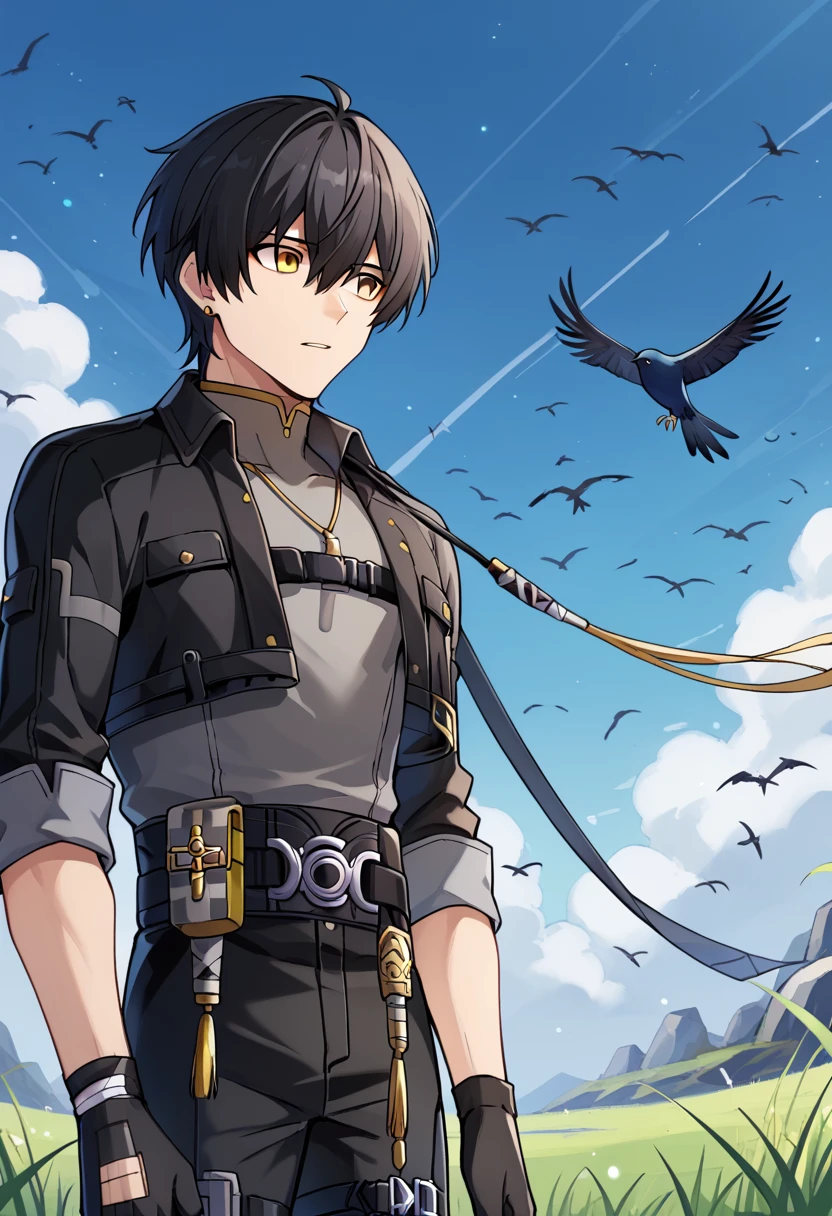 score_9, score_6_up, source_anime,RoverM, MainFit, 1boy, male focus, black gloves, blue sky, black pants, black jacket, black shirt, outdoors, black hair, short hair, grass, belt, yellow eyes, bird, hair between eyes, cloud, bandages, standing, parted lips, open clothes, open jacket, cropped jacket, jewelry, earrings,  <lora:rover_Wuthering_Waves_Pony_XL:1>