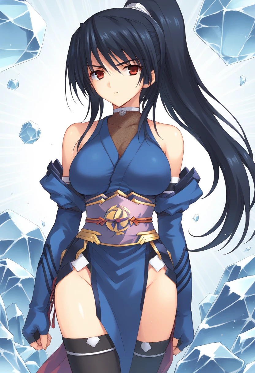 <lora:subaru-000007>,black hair,subaru,kunoichi,ponytail,breasts,black thighhighs,large breasts,blue elbow gloves,fingerless gloves,
BREAK 1girl,
ice background,
standing,
staring,serious,facing viewer,
BREAK, score_9,score_8_up,score_7_up,source_anime,best quality,masterpiece,uncensored,detailed background,<lora:add-detail-xl:0.8>