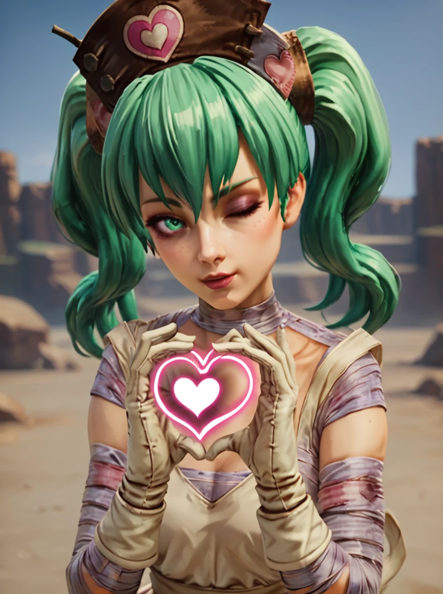 score_9, score_8_up, score_7_up, score_6_up, score_5_up, score_4_up, eyedetail,
jessie,  1girl, solo, heart, one eye closed, nurse cap, green hair, bandages, gloves, hat, nurse, twintails, blowing kiss, green eyes,desert backround,realistic,full body
 <lora:jessie_from_deadcraft_pony:0.6>