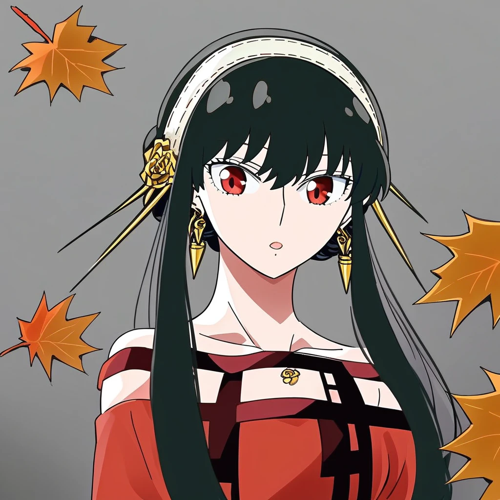 yor briar,  1girl, bangs, black hair, collarbone, earrings, hairband, jewelry, leaf, long hair, long sleeves, off-shoulder shirt, off shoulder, red eyes, red shirt, shirt, solo, upper body, white hairband  , ((masterpiece))