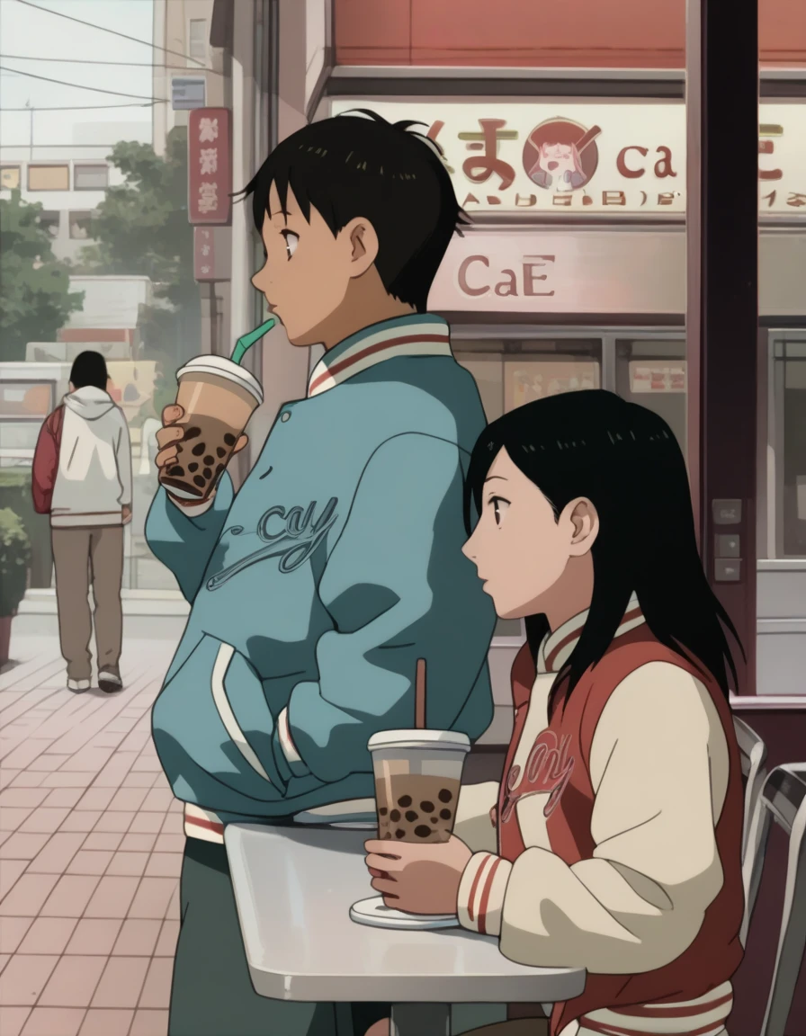 score_9, score_8_up, score_7_up, source_anime, <lora:izumi-maho-koyuki-ponyxl:1> 1boy, koyuki, t-shirt, 1girl, minamimaho, letterman jacket, cafe, bubble tea