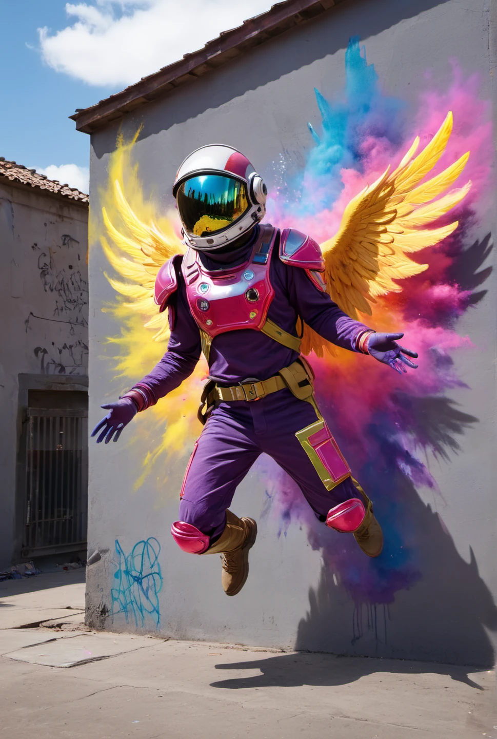SCORE, (colorful color explosions shooting into the air, holi in colorful contrasting colors:1.24), curious interdimensional astronaut with plexiglass ball helmet,
,enchantment, mythical, ominous, luminescent, reminiscent celestial being, glowing otherworldly light, , (bursting into bustling cityscape), capture attention passersby, luminous eyes glowing in otherworldly light,, dreamlike, pui, at hearts point art, stunning, lend sense realism scene, blurring line between fantasy and reality, , (emerges from painted surface wall:1.3), (emerges from graffiti:1.2), (overcomes the barrier to reality), , (powerful wings outstretched) as (body edges mural), appears be mid-movement, defying laws gravity, , casting dramatic shadows that dance across urban landscape, ((rendered meticulous precision:1.13), captivating photograph:1.03),