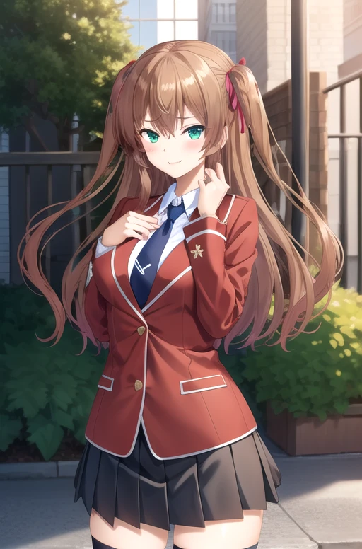 ((masterpiece)),(best quality),official art,extremely delicate and beautiful,extremely detailed CG,unity 8k wallpaper,ultra detailed,beautiful detailed eyes,extremely detailed face,outdoors,1girl,solo,cowboy shot,looking at viewer,facing viewer,smile,Tomizawa Erisu,long hair,brown hair,twintails,two side up,hair ribbon,red ribbon,sidelocks,hair between eyes,bangs,green eyes,school uniform,red jacket,blazer,buttons,blue necktie,collared shirt,white shirt,large breasts,long sleeves,miniskirt,black skirt,pleated skirt,zettai ryouiki,black thighhighs,loafers,brown footwear,<lora:Tomizawa Erisu(khsk):0.5>,