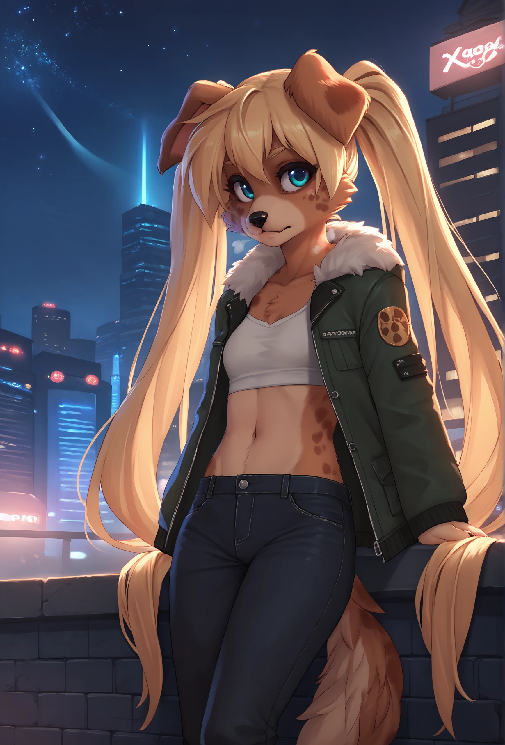 score_9, score_8_up, score_7_up, score_6_up, score_5_up, score_4_up, outdoors, city, night, starry sky, city lights, breath BREAK
 <lora:zofie_fluffkevlar_ponyXL_v1.2:1> zofie, 1girl, furry, solo, dog ears, (very long hair:1.1), small breasts, twintails, jacket, pants, fur trim, navel