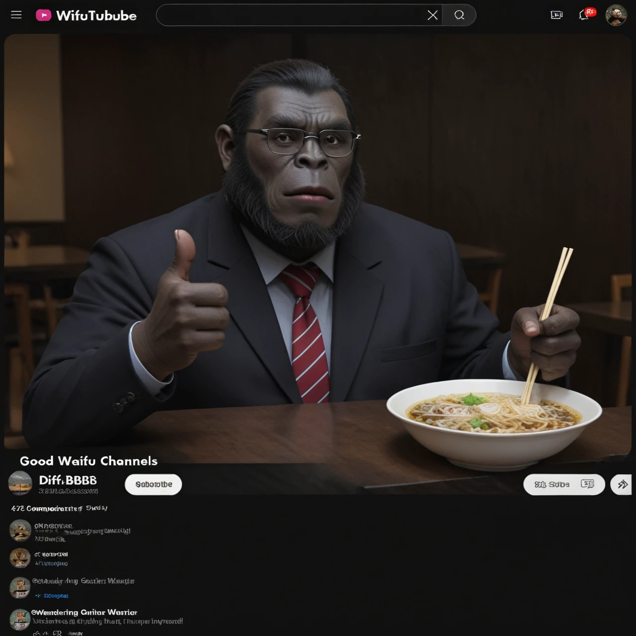 score_9, score_8_up, score_7_up, score_6_up, score_5_up, score_4_up, source_anime, very aesthetic, best quality, masterpiece, absurdres
BREAK
Gorilla, suits, gorilla, glasses, tie
Restaurants, ramen, Food Report, thumbs up
first take
<lora:Video_Sharing_Screen:0.8>, video_sharing_screen, fake screenshot, chat log, english text, <lora:sdxl_lightning_8step_lora:1>