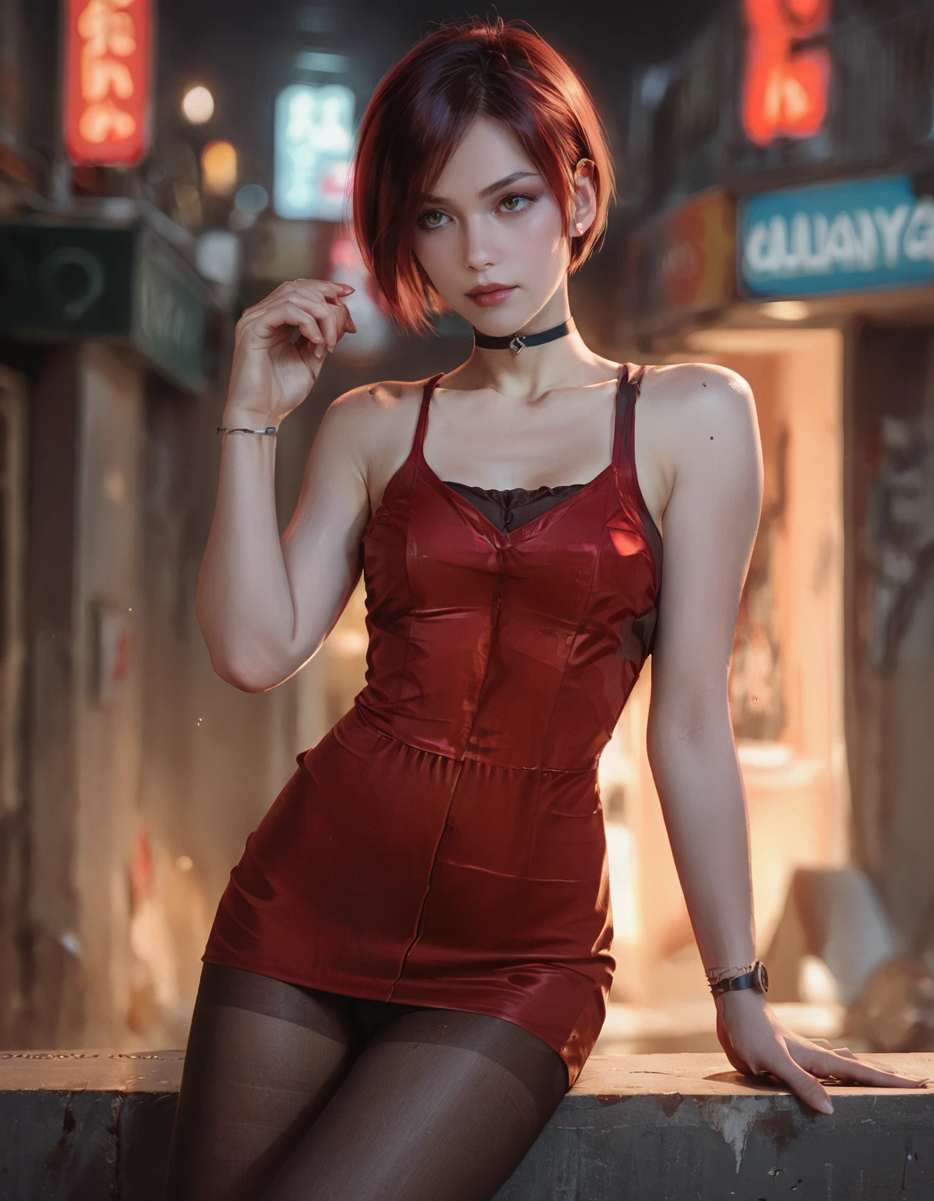 score_9, score_8_up,score_7_up, score_6_up, score_5_up, score_4_up,, <lora:AdaWong:0.8>, RE2, red short dress, pantyhose, sleeveless, collarbone