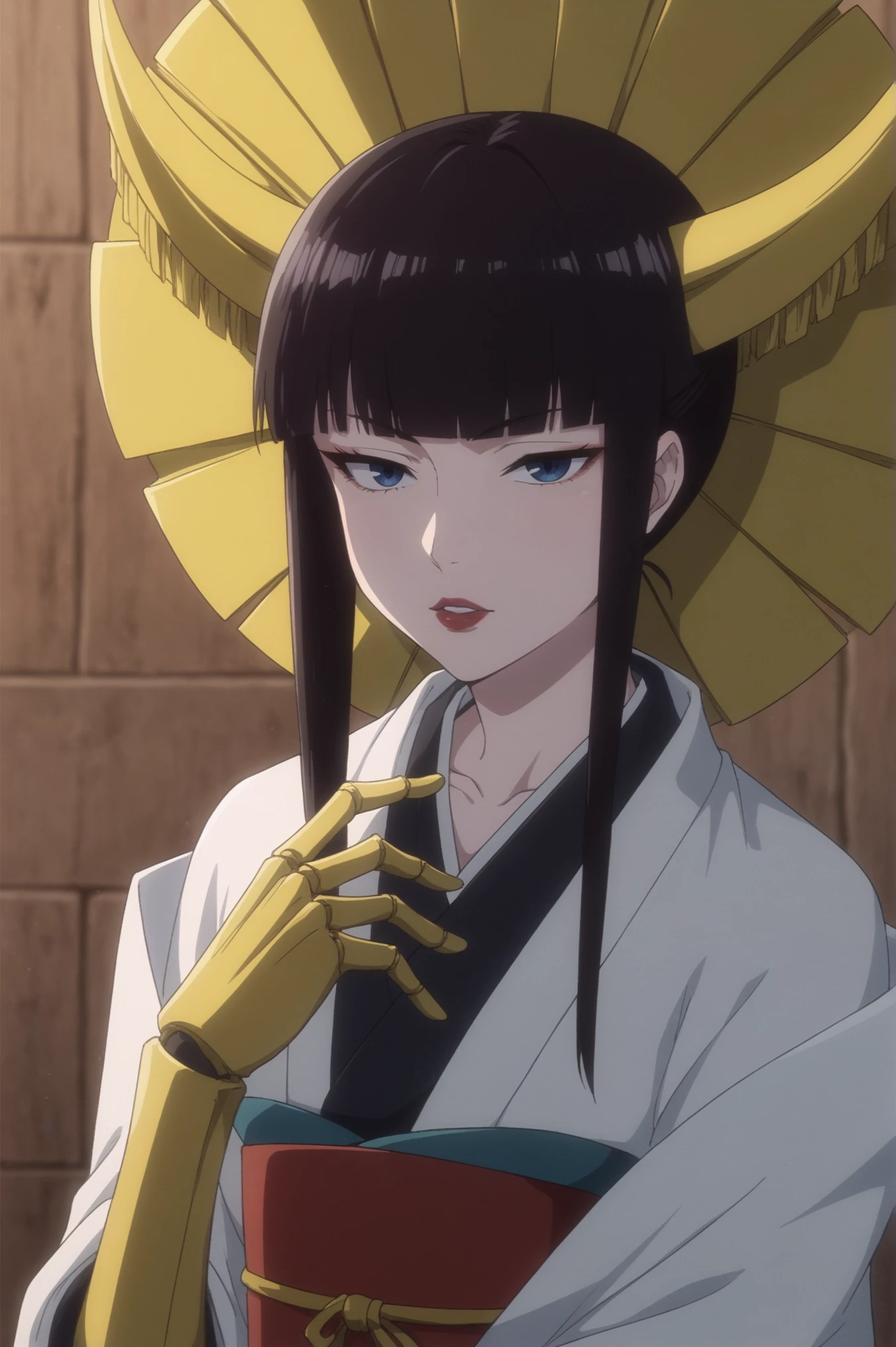 rating_explicit, score_10, score_8_up, score_7_up, Shutara Senjumaru, 1girl, solo, long_hair, looking_at_viewer, black_hair, hat, upper_body, sidelocks, parted_lips, horns, japanese_clothes, hand_up, blunt_bangs, kimono, sash, makeup, obi, short_hair_with_long_locks, straw_hat, red_lips, haori, mechanical_arms <lora:ShutaraSenjumaru-PDXL-V2(test):0.8>