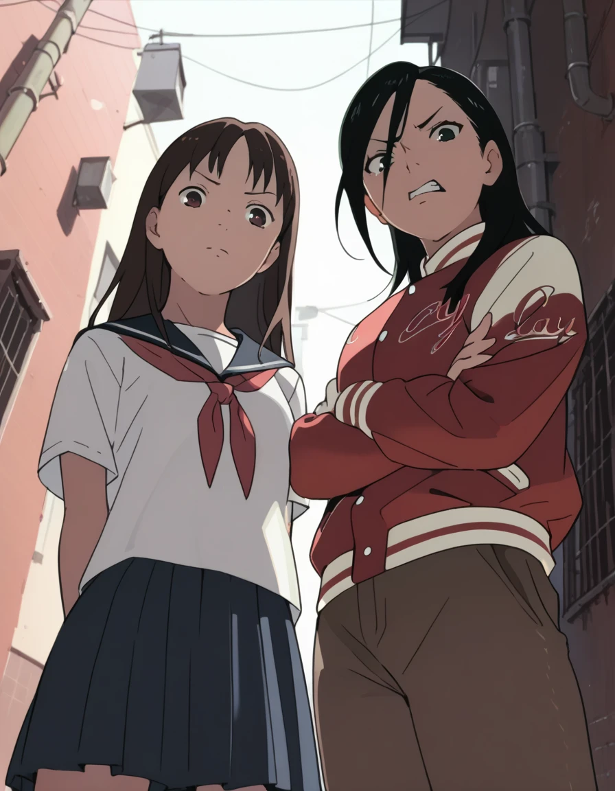 score_9, score_8_up, score_7_up, source_anime, <lora:yoneyamaiXL_P6_lokr_V4236:0.3> <lora:izumi-maho-koyuki-ponyxl:0.4> 2girls, alley, looking at viewer, upper body, looking down, looking at viewer, from below, alley, disgust BREAK
ishiguroizumi, serafuku, skirt, arms behind back BREAK
minamimaho, letterman jacket, pants, disgust, clenched teeth, crossed arms