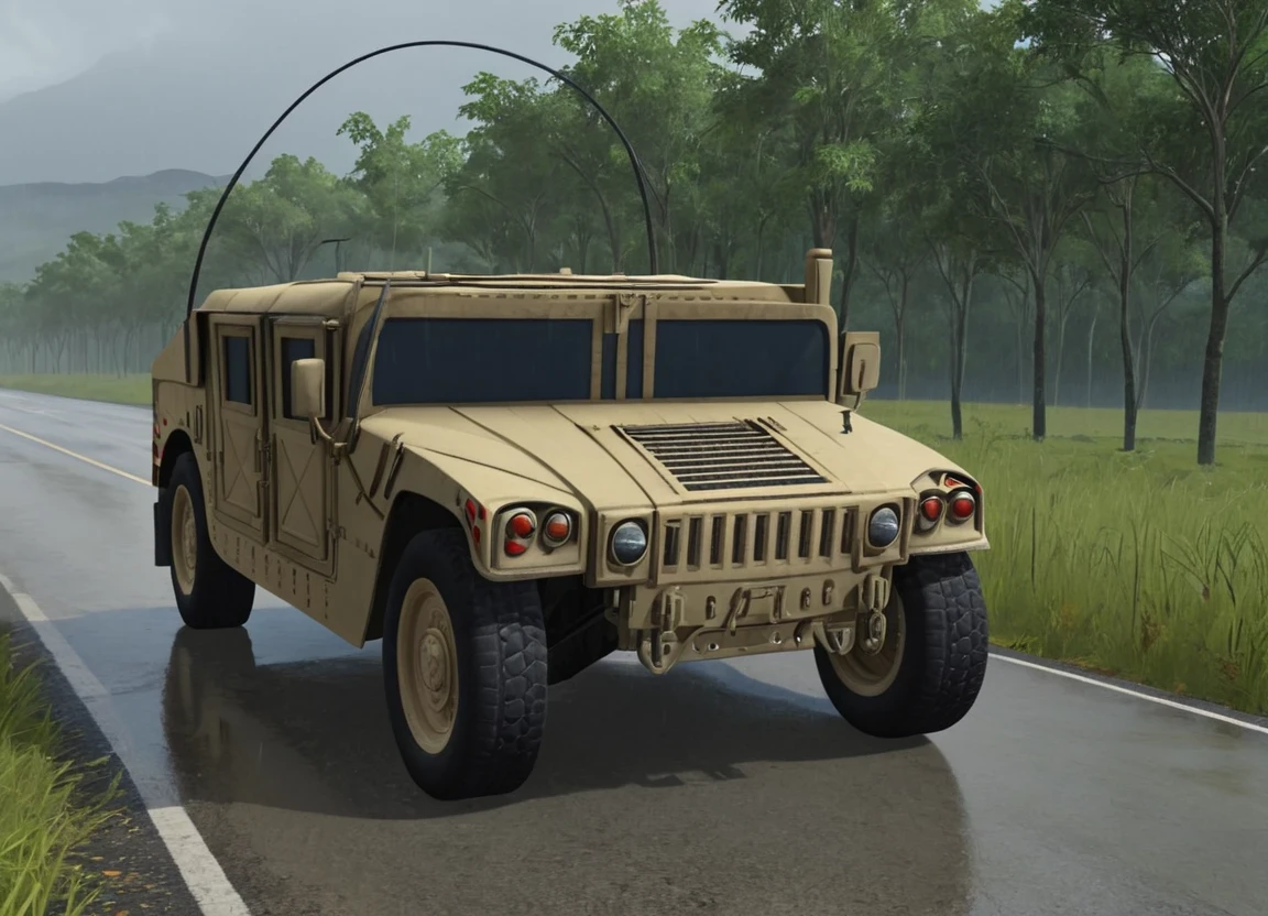 obc25 Humvee <lora:25_vehicle_obc25:1.0> on a road, 
outside, blue,
nature at background, professional, realistic, high quality,
Heavy rain and windy, <lora:general_vehicle:-0.25>