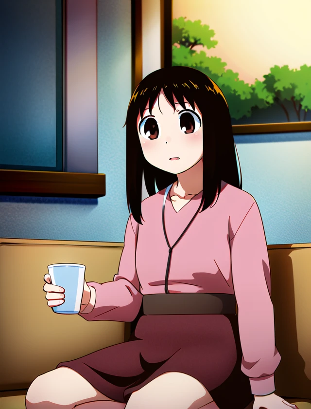 ayumu kasuga  <lora:ayumu:.9> 1girl, inside, sitting on couch, laying, cup in hand