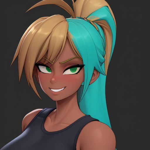 Carol_Carro3D, portrait, 1girl, dark skin, multicolored hair, blonde hair, aqua hair, ponytail, very long hair, green crop top, looking at viewer, smug