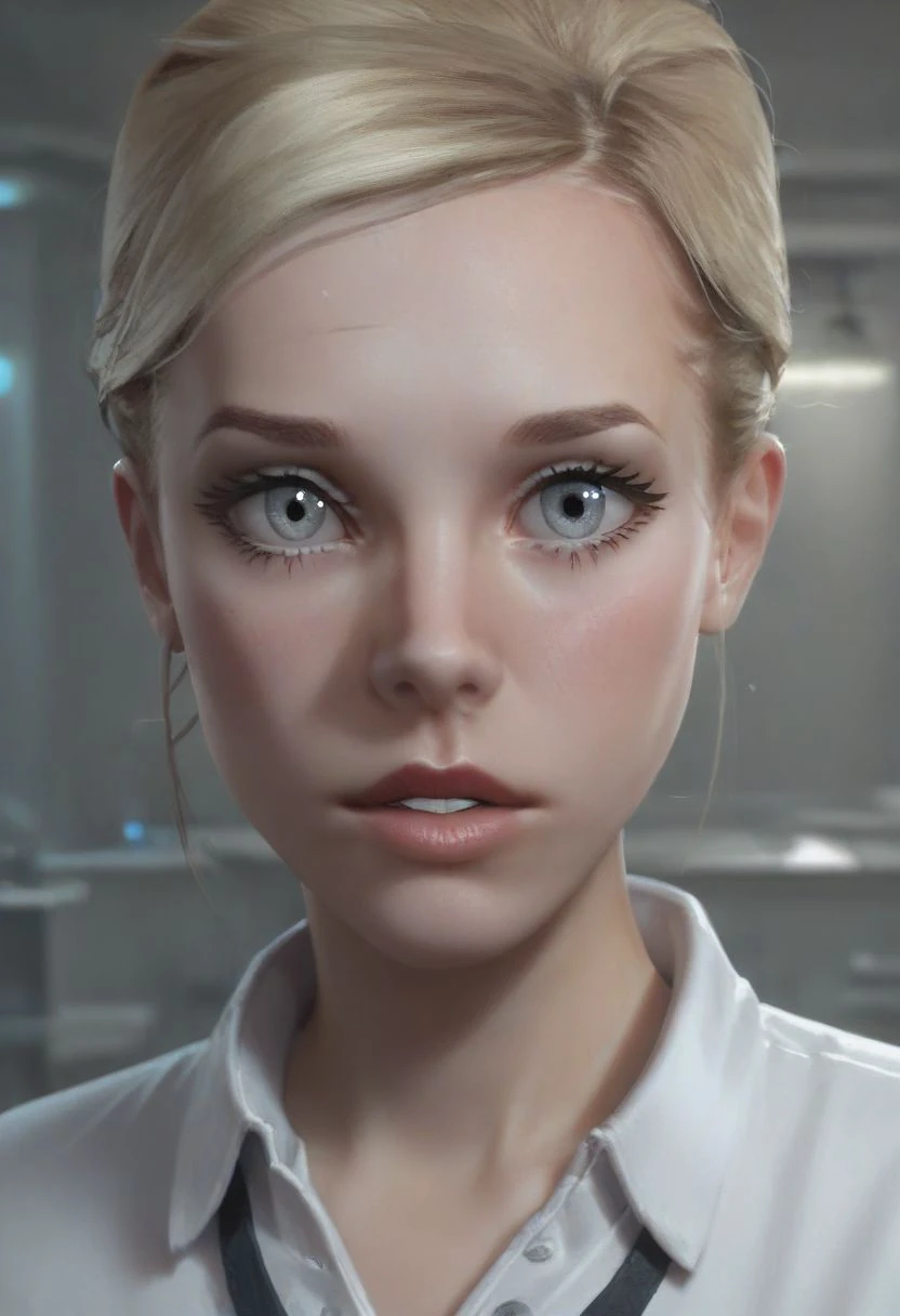 score_9, score_8_up, score_7_up, photo of lcstllmn, blonde hair, high bun updo, grey eyes, white shirt, badge, close up, (looking at viewer), parted lips, shy look, parted lips, masterpiece, slim figure, petite, pale skin, indoors, laboratory, shadowy, side lighting, warm lights, by loish