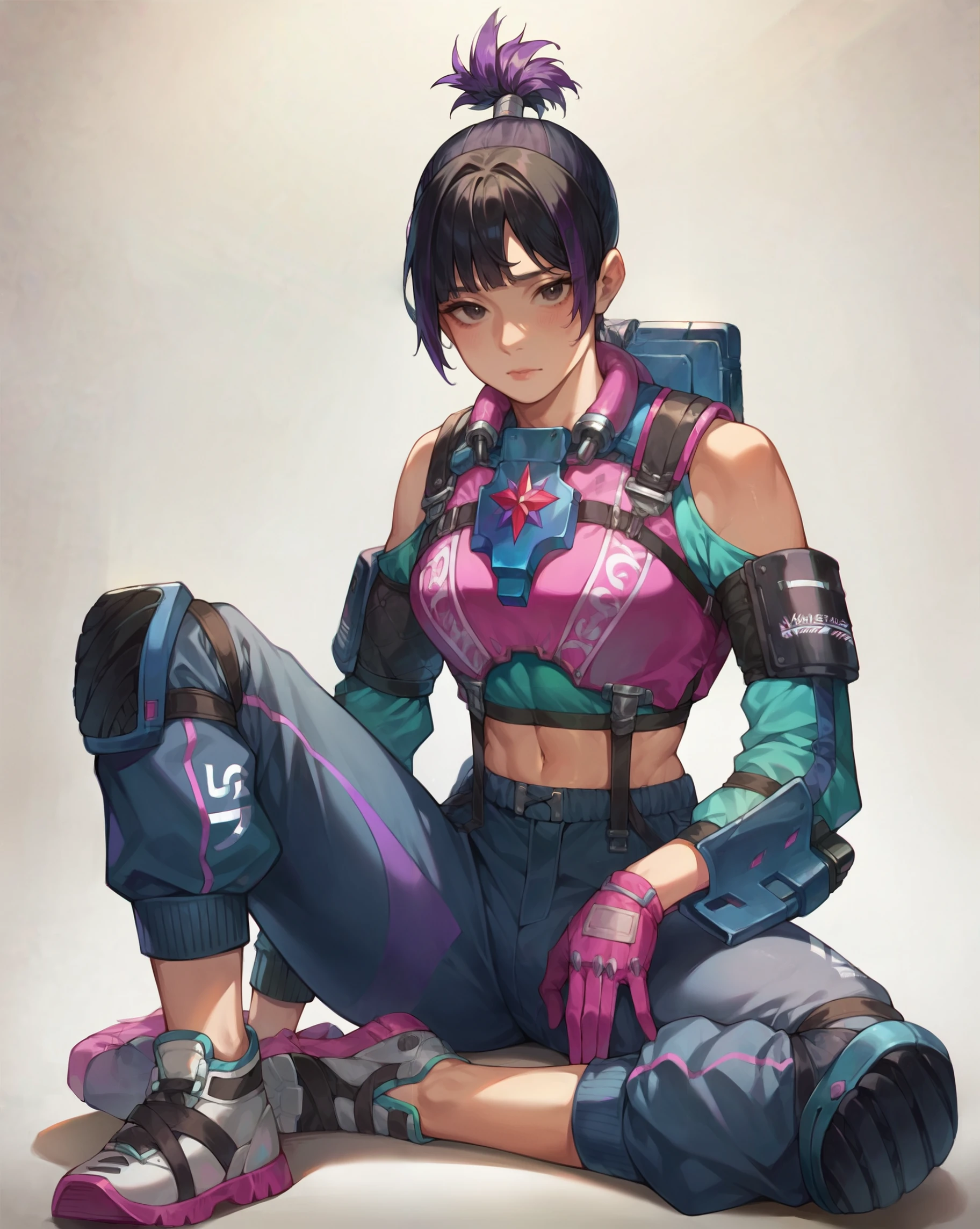 (Masterpiece:1.4), (best quality:1.2), score_9, score_8_up, score_7_up, score_6_up, 1girl, solo, no humans, valkfl0t3ch, black hair, purple hair, pink gloves, sneakers, blue pants, purple pants, cropped shirt, knee pads, topknot, detached sleeves, shoulder cutout, clothing cutout, midriff