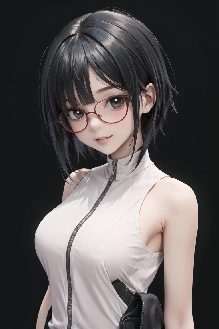 (masterpiece),best quality,1girl,solo,red-framed eyewear,glasses,black eyes,black hair,upper body,looking at viewer,short hair,sleeveless,black background,sleeveless jacket,twitter username,zipper,bangs,smile,shiny hair,simple background,shiny,swept bangs,bare shoulders,parted bangs,parted lips,black gloves,sleeveless shirt,gloves,shirt,spot color,