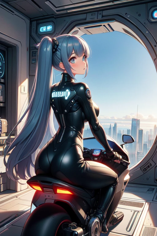 (((masterpiece))), (((best quality))), (((wide shot))), ((from behind)), ((hatchway motorcycle)), sitting, mecha girl, glowing eyes, bodysuit, boots, scrunchie, floating hair, overlook, fog, city, cloud, skyline, scenery, cockpit, hologram, mechanical walls, spacecraft interior, cyberpunk architecture, future science fiction, solo, 1girl, sweat, cleavage, big tits, shy, blush, slim figure, <lora:50pics_hatchwaymotorcycle:0.9>