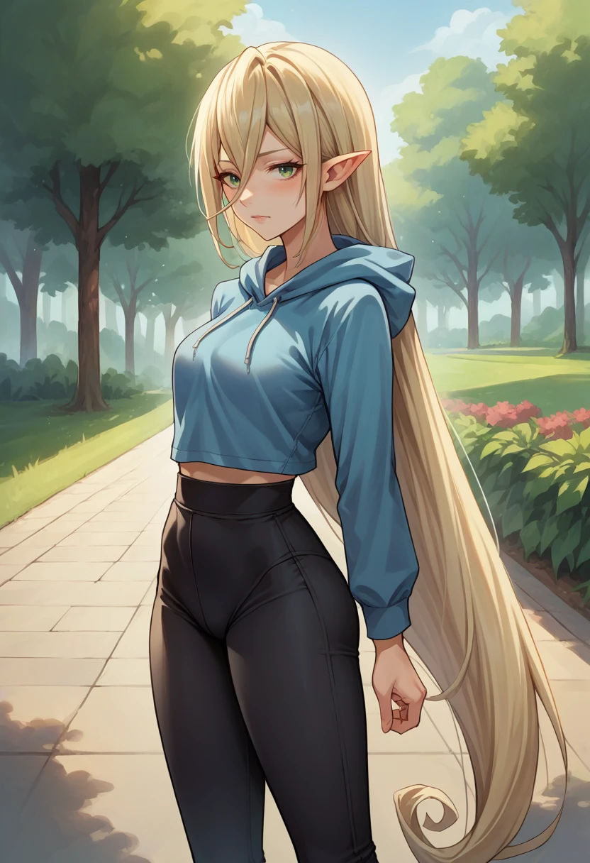 score_9, score_8_up, source_anime, 1girl, solo, Magilou, pointy ears, very long hair, hair between eyes, outdoors, park, blue hoodie, high-waist pants, yoga pants, black pants, light blush, <lora:ChamMagilouPonyXL:1>