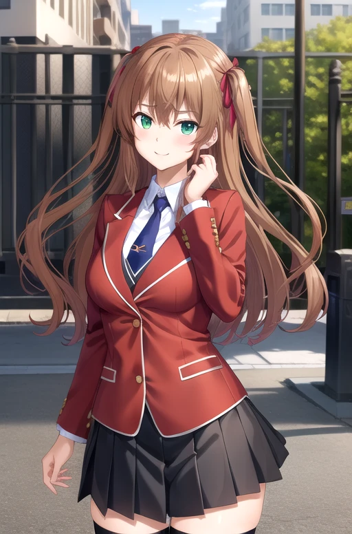 ((masterpiece)),(best quality),official art,extremely delicate and beautiful,extremely detailed CG,unity 8k wallpaper,ultra detailed,beautiful detailed eyes,extremely detailed face,outdoors,1girl,solo,cowboy shot,looking at viewer,facing viewer,smile,Tomizawa Erisu,long hair,brown hair,twintails,two side up,hair ribbon,red ribbon,sidelocks,hair between eyes,bangs,green eyes,school uniform,red jacket,blazer,buttons,blue necktie,collared shirt,white shirt,large breasts,long sleeves,miniskirt,black skirt,pleated skirt,zettai ryouiki,black thighhighs,loafers,brown footwear,<lora:Tomizawa Erisu(khsk):0.5>,