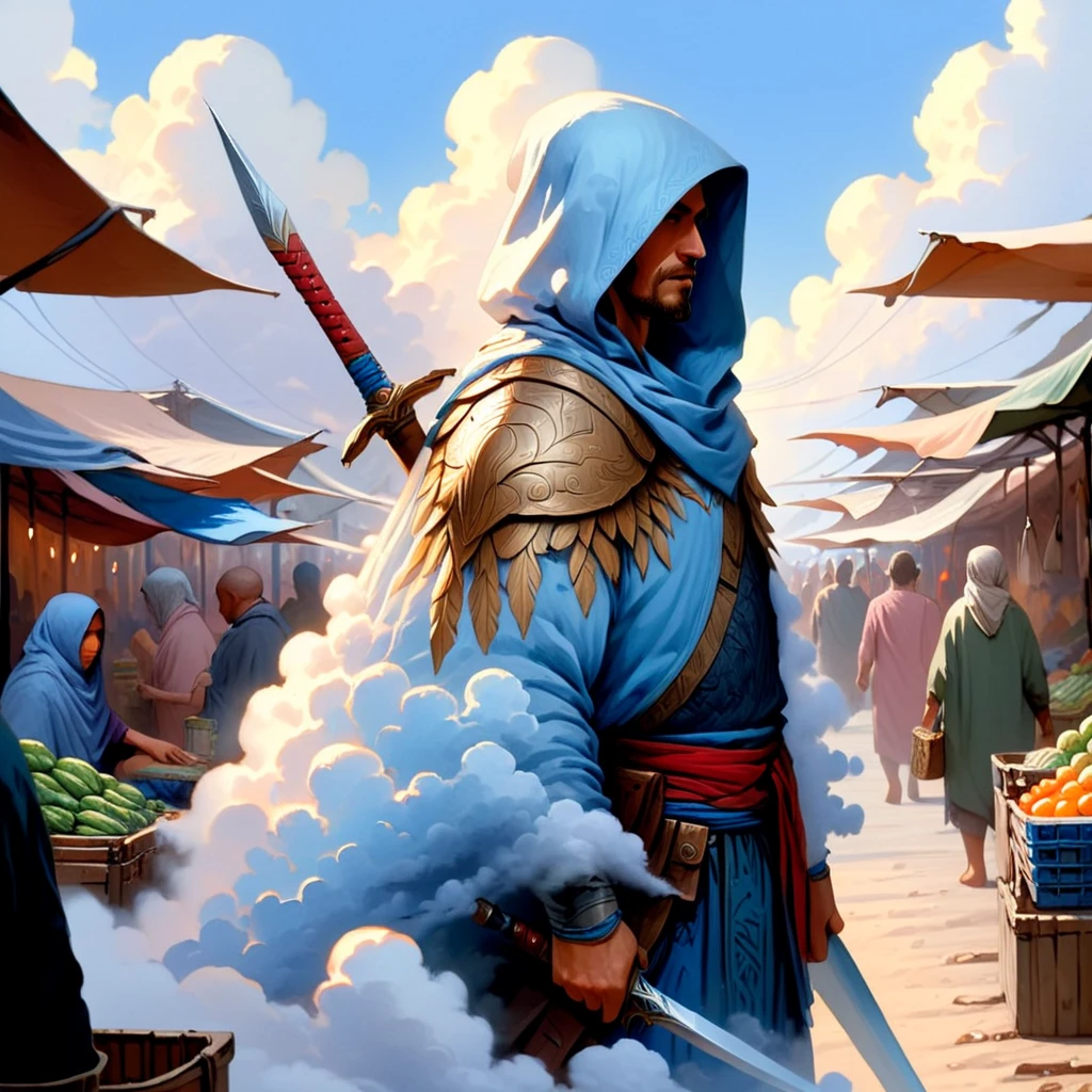 skycloak, a warrior at the market, digital painting concept art