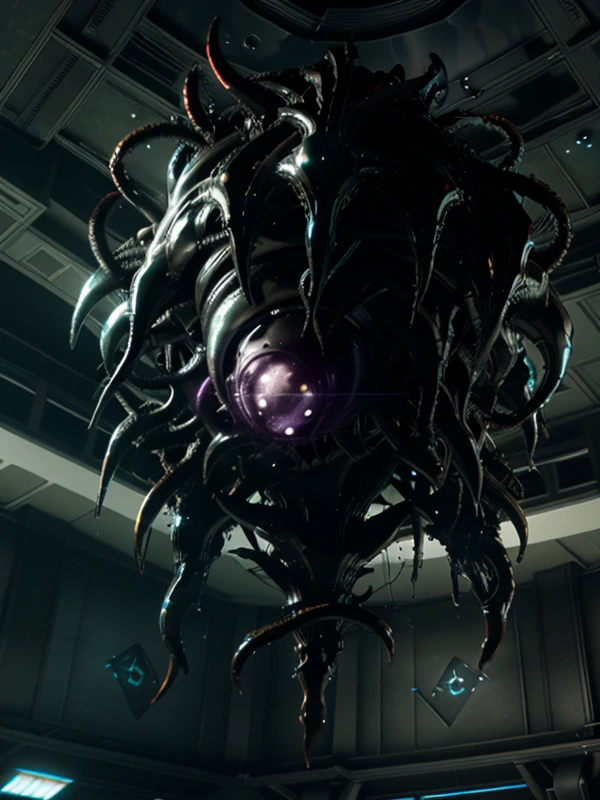 typhon, telepath, prey, alien, single glowing eye, bunch of typhon mass flying in air, made of exotic material, black goo, coral inside, solo, interior scenery, realistic, <lora:typhon:1>