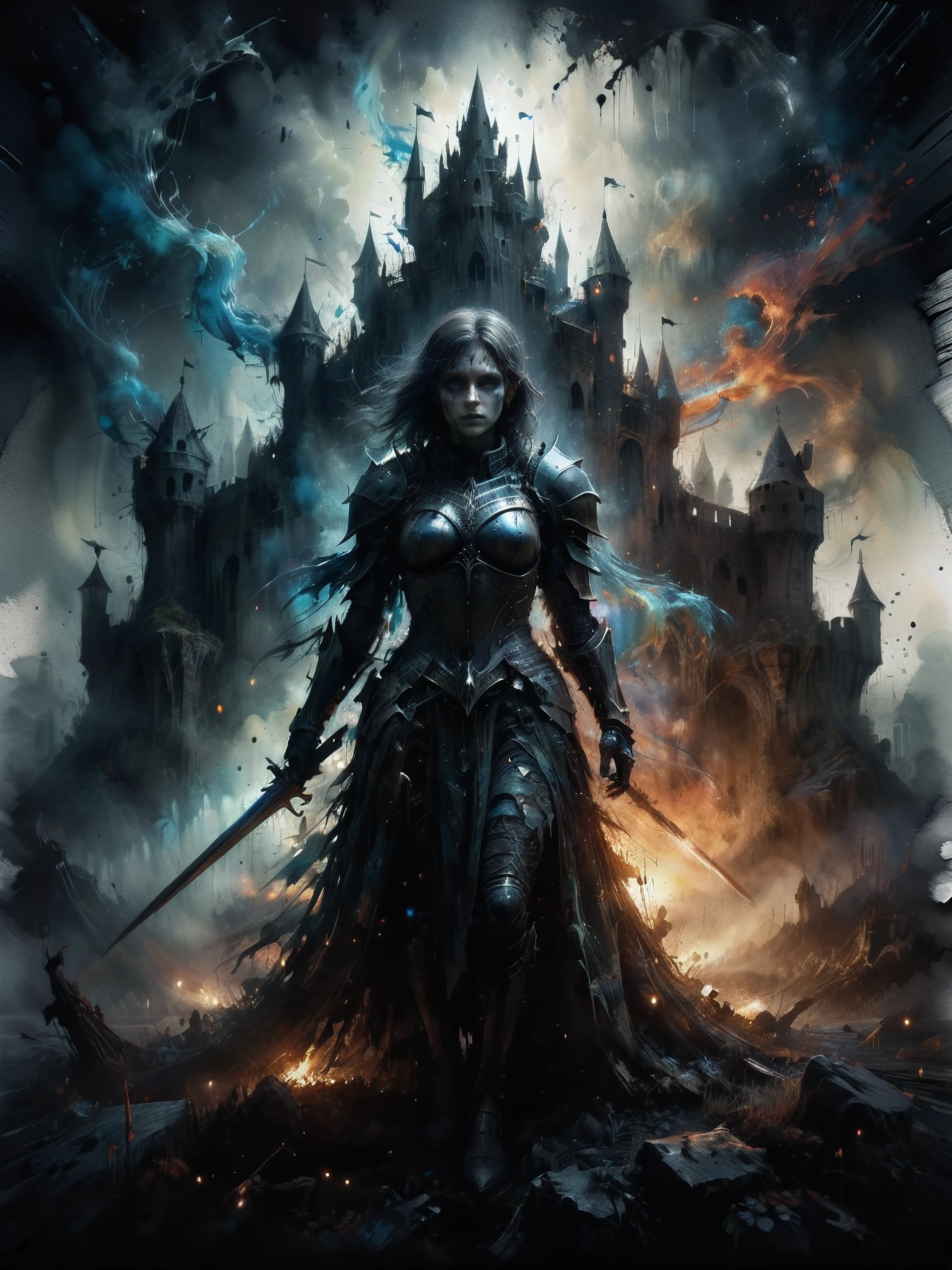 Dreadful and eerie digital watercolor, of a terrifying female knight before a hideous glowing fortress, inspired by Carne Griffiths and Wadim Kashin, deep color, October, gothic, perfect composition, hyperdetailed exquisite realistic watercolor, eldritch and creepy fortress landscape, dramatic and frightening tone, tranquil, 32k, complex and razor-sharp background with dynamic lighting, a masterpiece