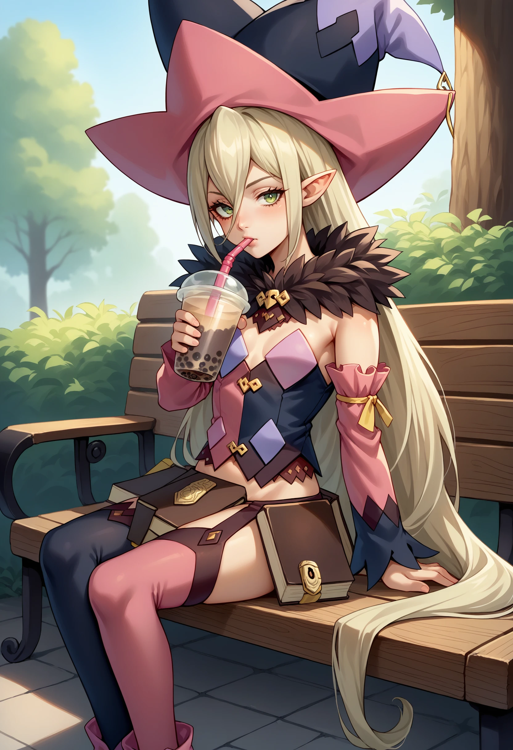 score_9, score_8_up, source_anime, 1girl, solo, Magilou, pointy ears, very long hair, hair between eyes, witch hat, fur collar, multicolored vest, strapless, detached sleeves, mismatched sleeves, book skirt, asymmetrical legwear, thighhighs, garter straps, mismatched footwear, outdoors, sitting, on bench, drinking, sipping, straw, bubble tea, <lora:ChamMagilouPonyXL:1>